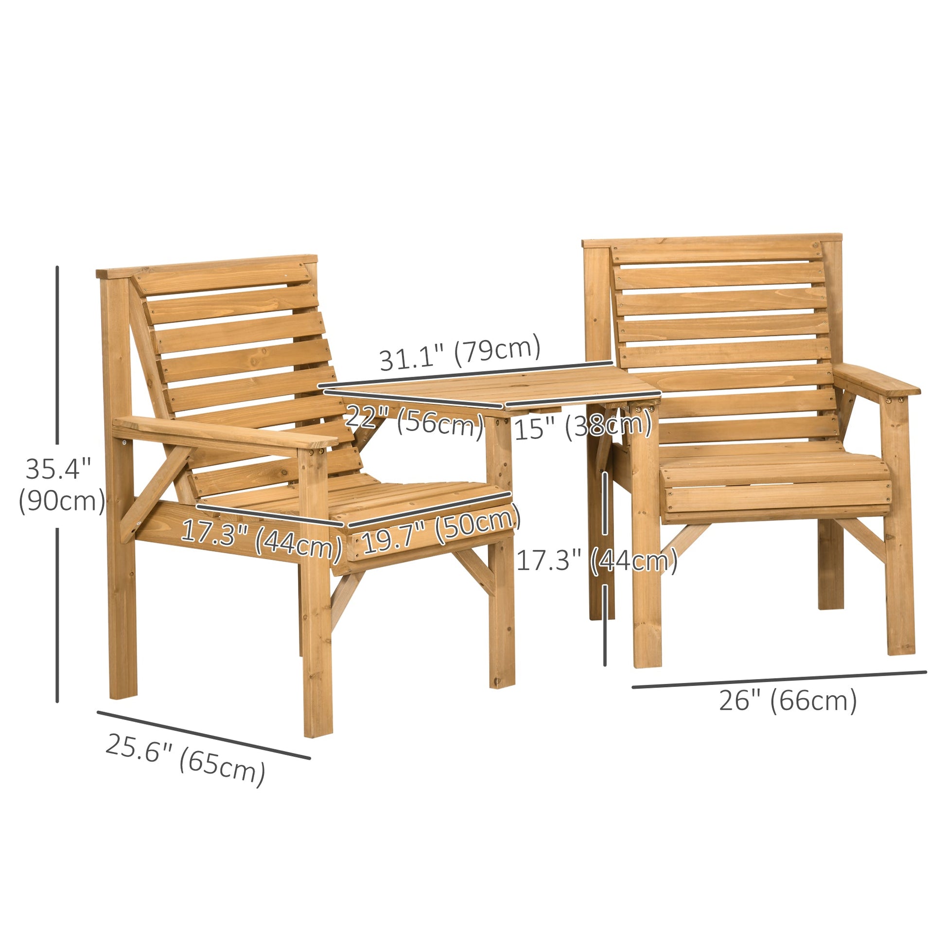 3Pcs Outdoor Bench Set, 2 Garden Benches Coffee Table and Umbrella Hole, Patio Table and Chair Set for Garden, Backyard, Balcony, Light Brown