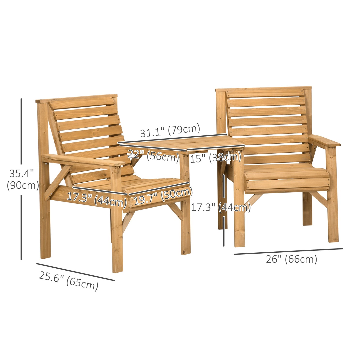 3Pcs Outdoor Bench Set, 2 Garden Benches Coffee Table and Umbrella Hole, Patio Table and Chair Set for Garden, Backyard, Balcony, Light Brown