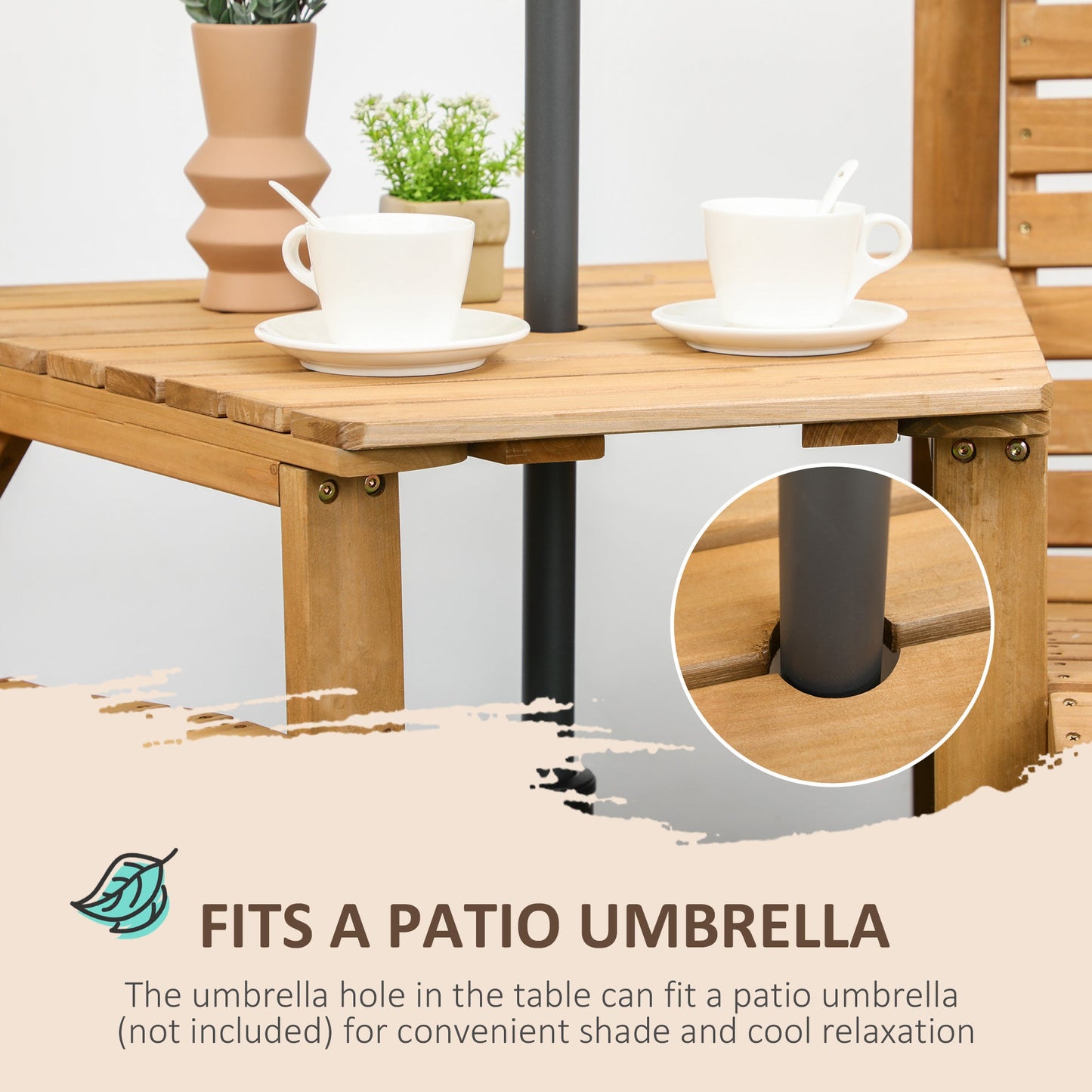 3Pcs Outdoor Bench Set, 2 Garden Benches Coffee Table and Umbrella Hole, Patio Table and Chair Set for Garden, Backyard, Balcony, Light Brown