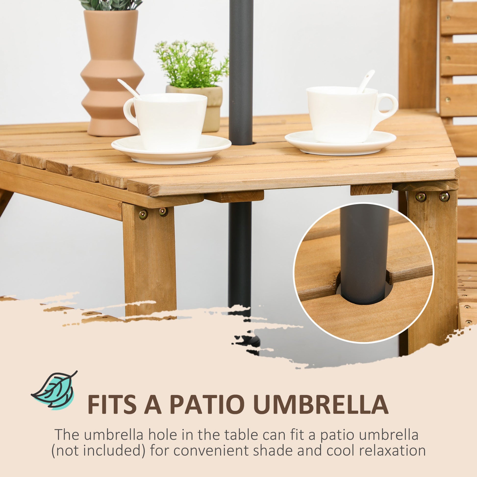 3Pcs Outdoor Bench Set, 2 Garden Benches Coffee Table and Umbrella Hole, Patio Table and Chair Set for Garden, Backyard, Balcony, Light Brown