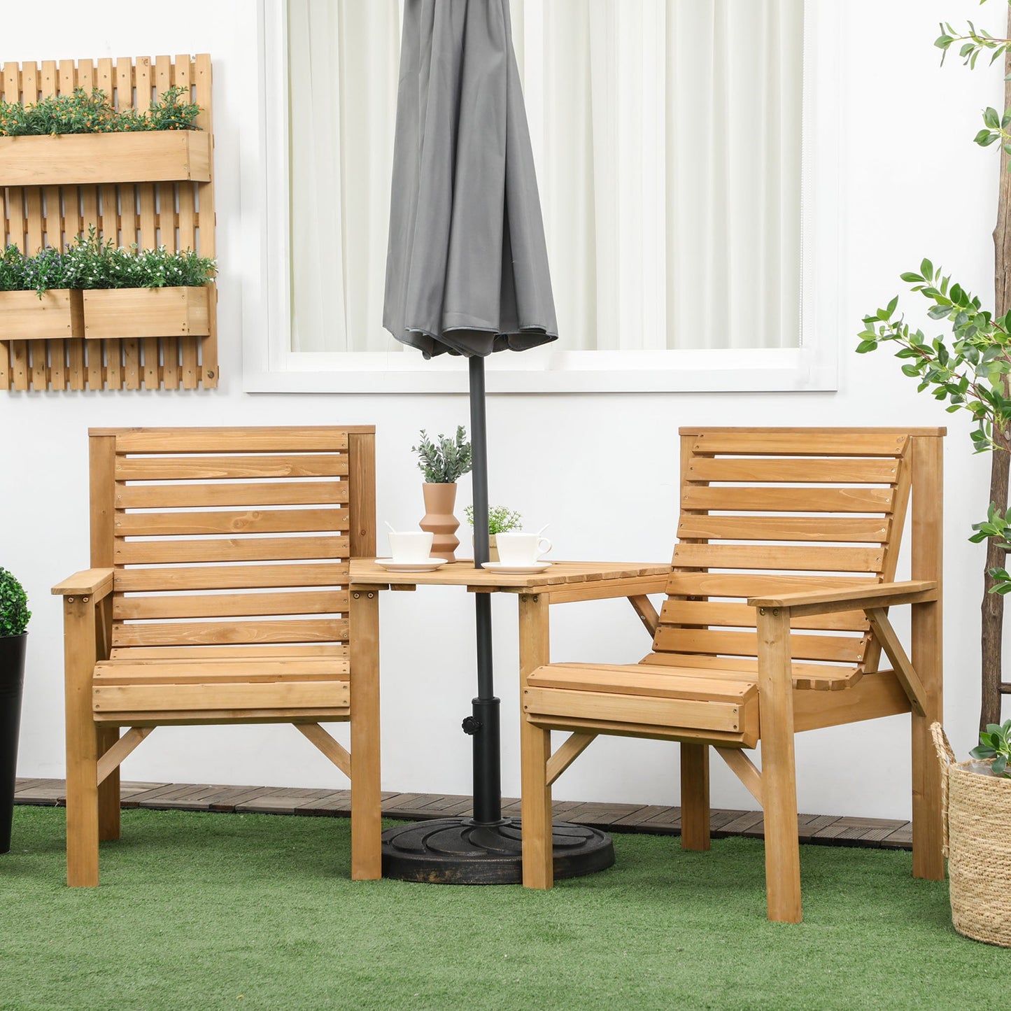 3Pcs Outdoor Bench Set, 2 Garden Benches Coffee Table and Umbrella Hole, Patio Table and Chair Set for Garden, Backyard, Balcony, Light Brown