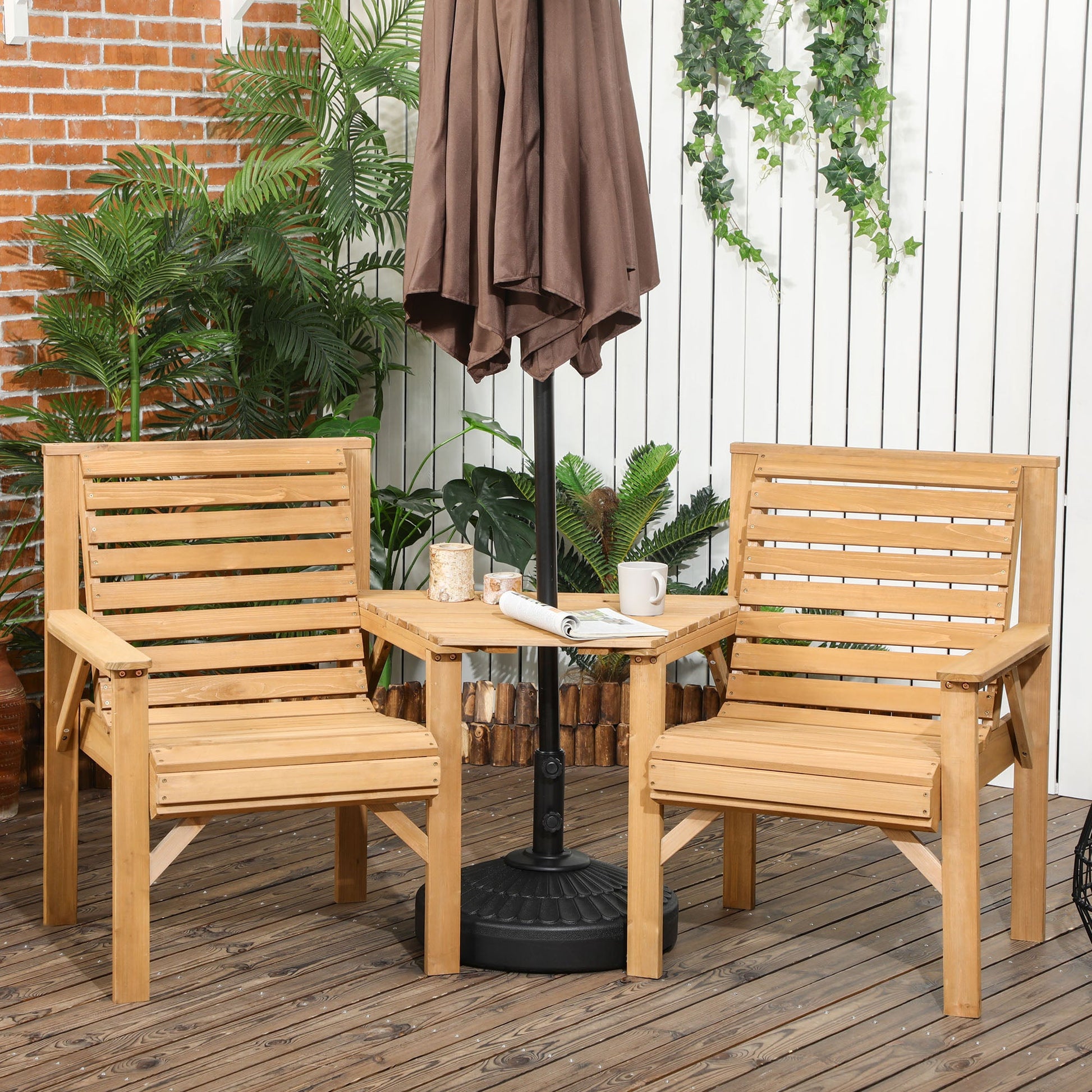 3Pcs Outdoor Bench Set, 2 Garden Benches Coffee Table and Umbrella Hole, Patio Table and Chair Set for Garden, Backyard, Balcony, Light Brown