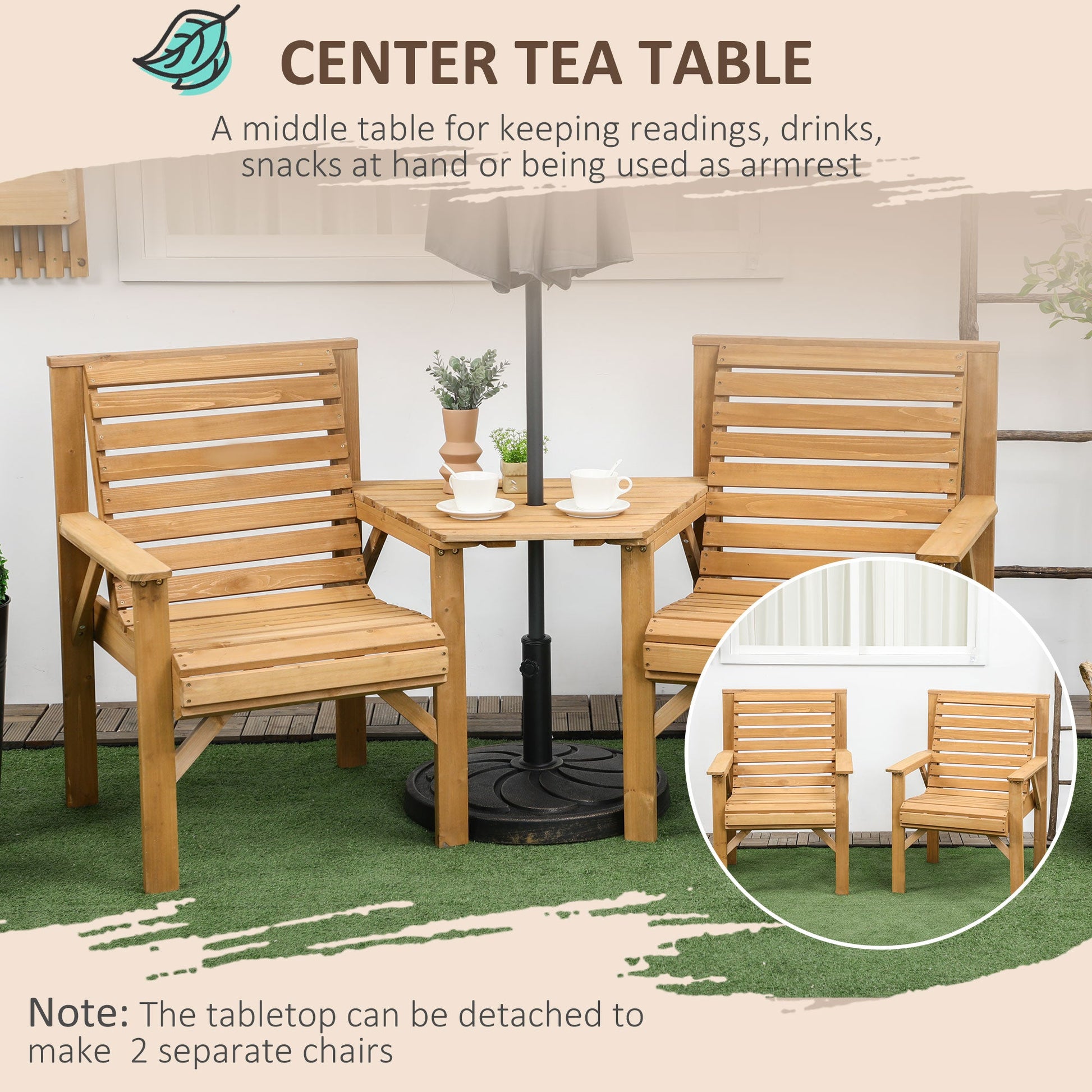 3Pcs Outdoor Bench Set, 2 Garden Benches Coffee Table and Umbrella Hole, Patio Table and Chair Set for Garden, Backyard, Balcony, Light Brown
