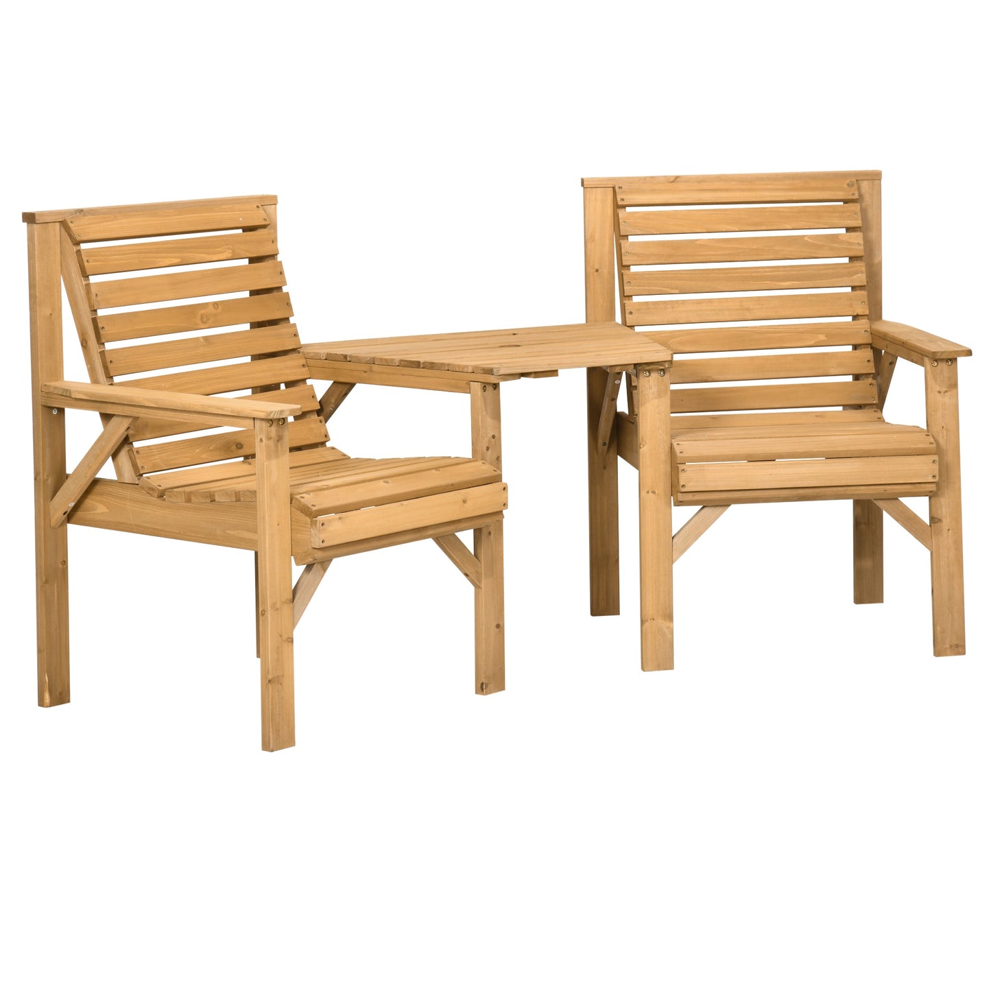 3Pcs Outdoor Bench Set, 2 Garden Benches Coffee Table and Umbrella Hole, Patio Table and Chair Set for Garden, Backyard, Balcony, Light Brown