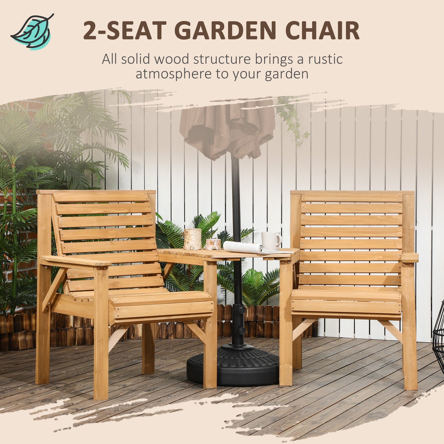 3Pcs Outdoor Bench Set, 2 Garden Benches Coffee Table and Umbrella Hole, Patio Table and Chair Set for Garden, Backyard, Balcony, Light Brown