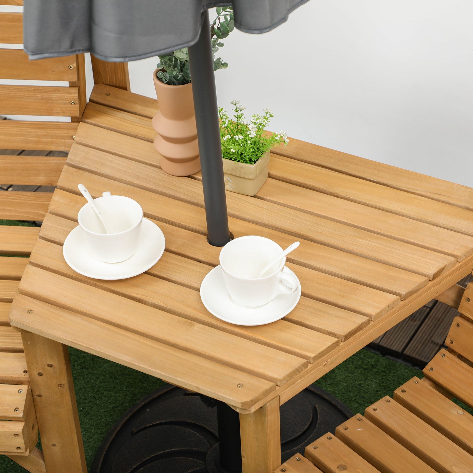 3Pcs Outdoor Bench Set, 2 Garden Benches Coffee Table and Umbrella Hole, Patio Table and Chair Set for Garden, Backyard, Balcony, Light Brown