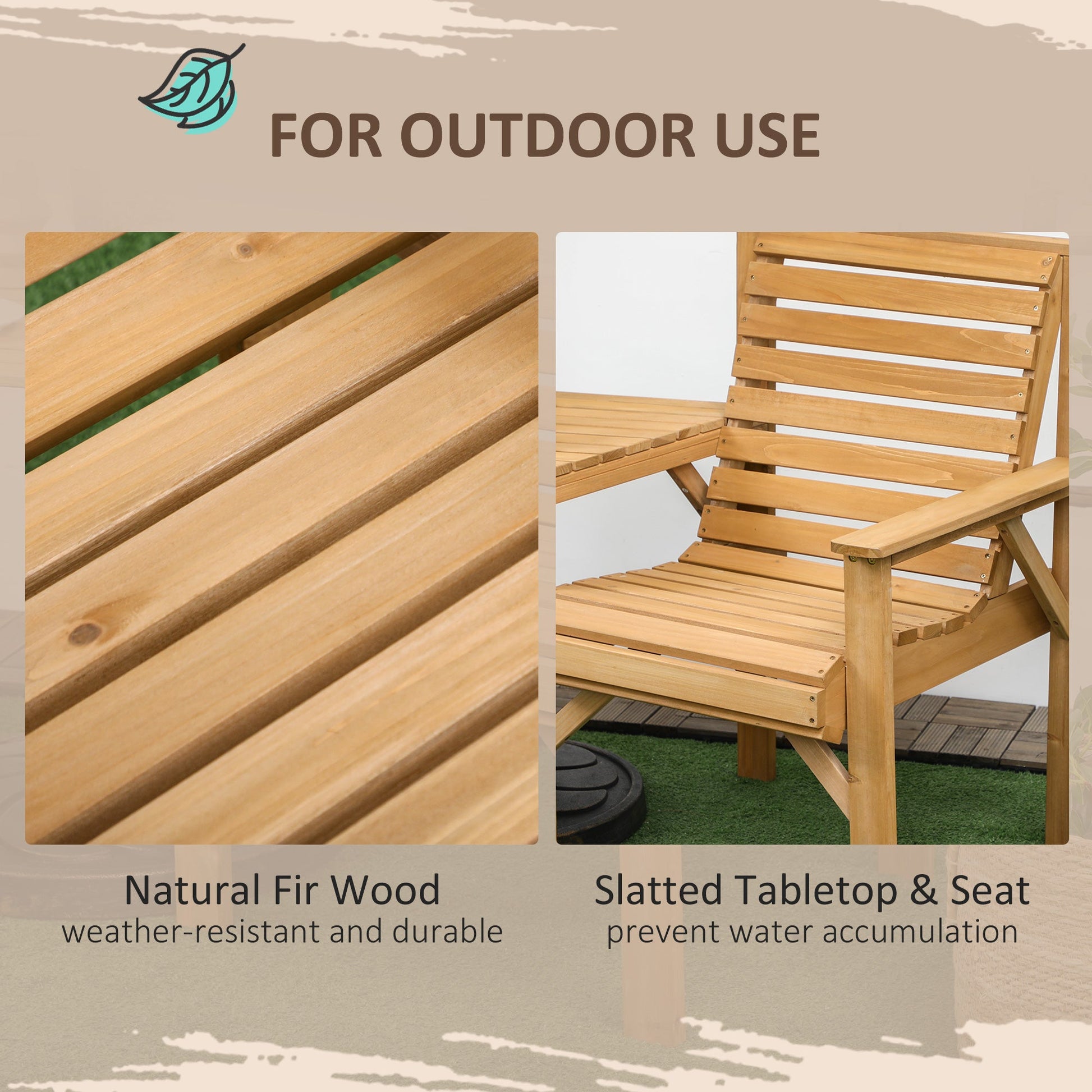 3Pcs Outdoor Bench Set, 2 Garden Benches Coffee Table and Umbrella Hole, Patio Table and Chair Set for Garden, Backyard, Balcony, Light Brown