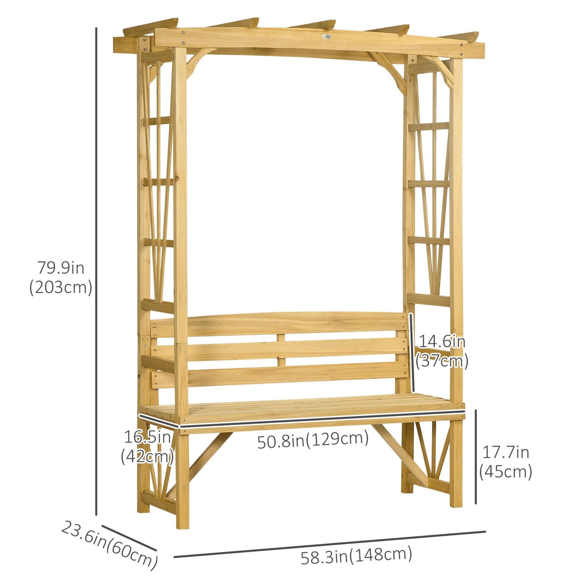 Patio Arch Pergola with Natural Wooden Bench, Ergonomic Outdoor Bench for Vines/Climbing Plants, for Backyard & Outdoor Space, Light Brown