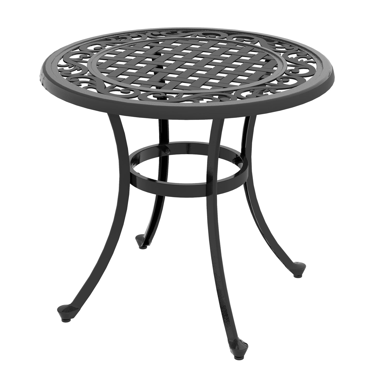 23.6" Patio Table, Outdoor Coffee Table, Round Hollow Top Design Side Table with Cast Aluminium Frame, Adjustable Feet for Garden, Balcony, Black