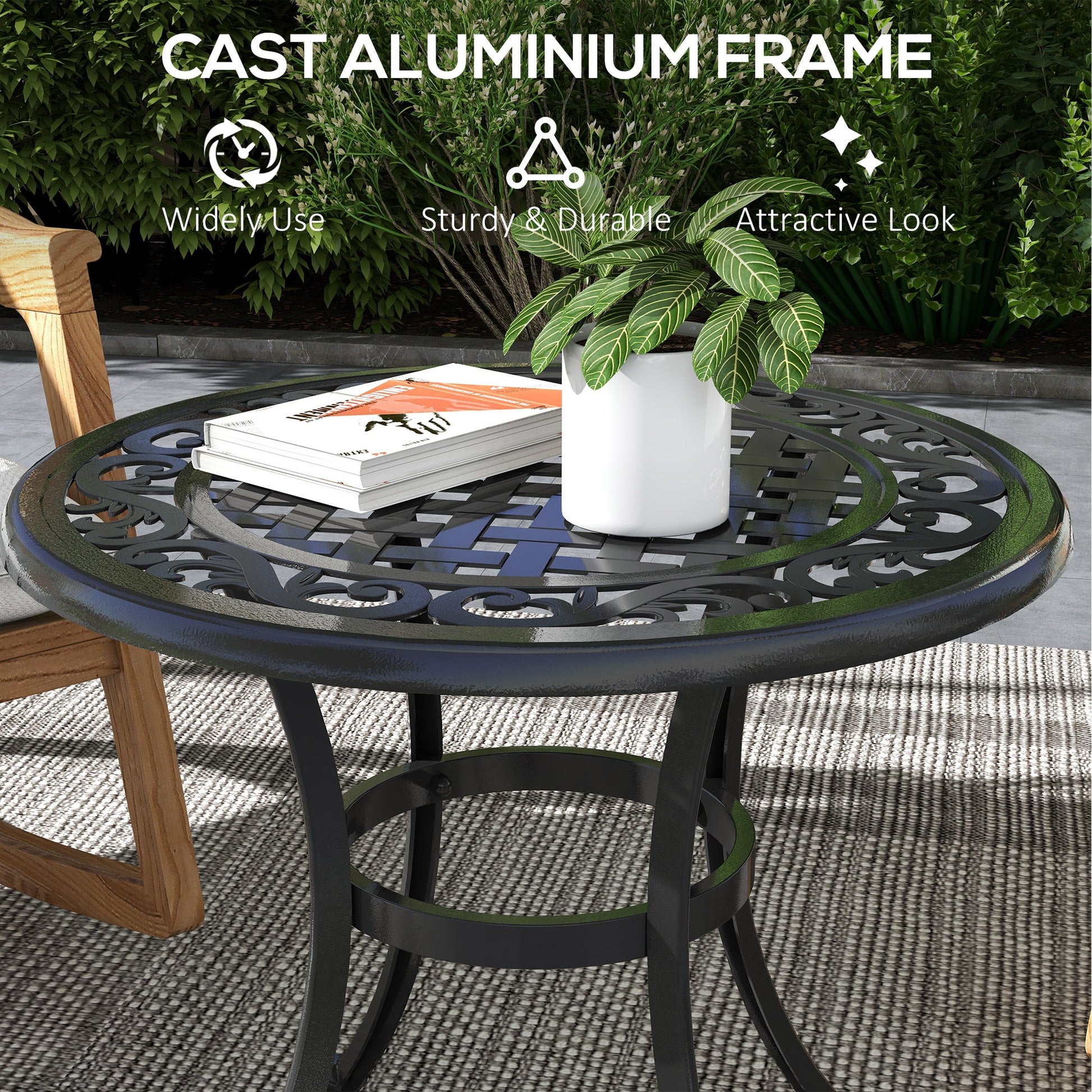 23.6" Patio Table, Outdoor Coffee Table, Round Hollow Top Design Side Table with Cast Aluminium Frame, Adjustable Feet for Garden, Balcony, Black