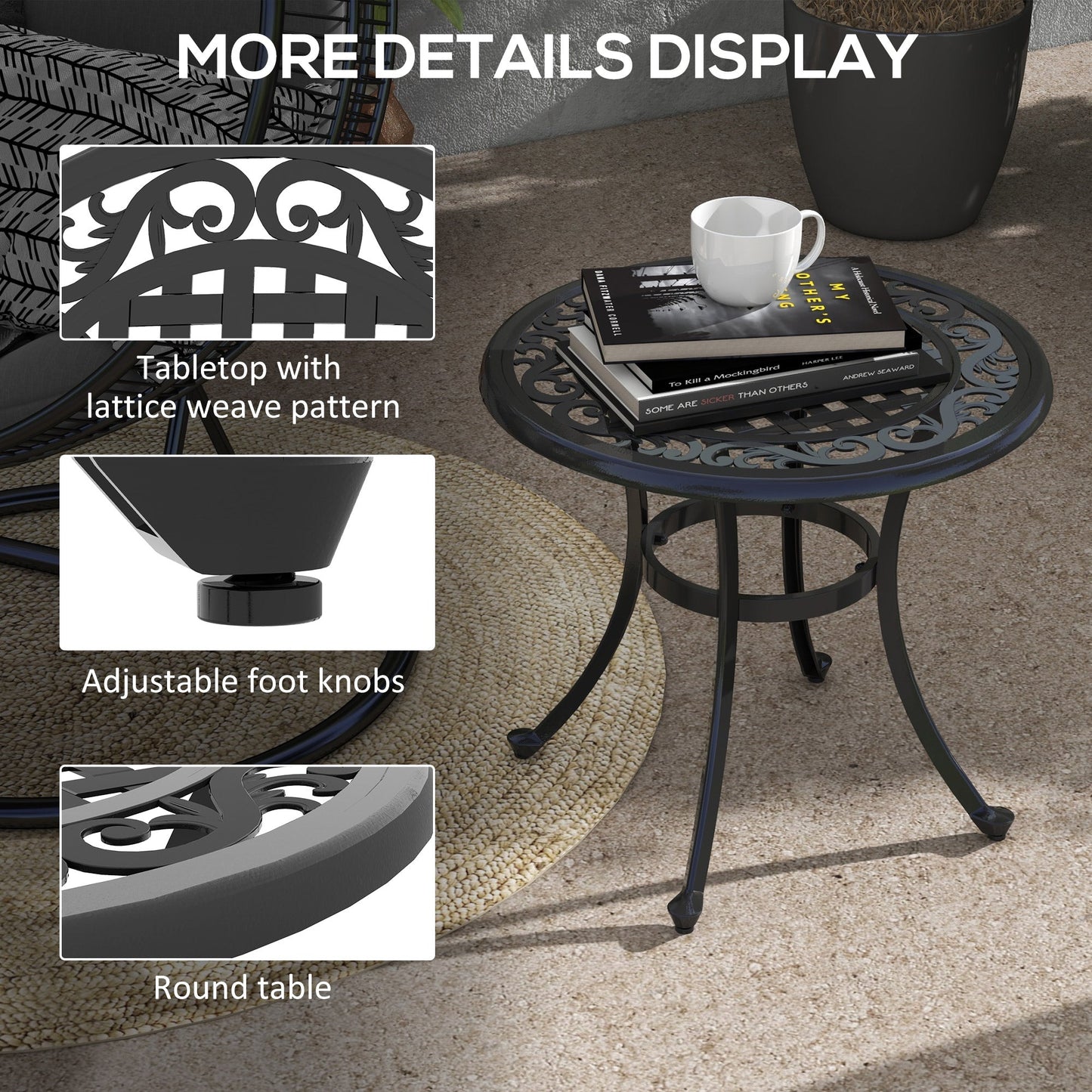 23.6" Patio Table, Outdoor Coffee Table, Round Hollow Top Design Side Table with Cast Aluminium Frame, Adjustable Feet for Garden, Balcony, Black