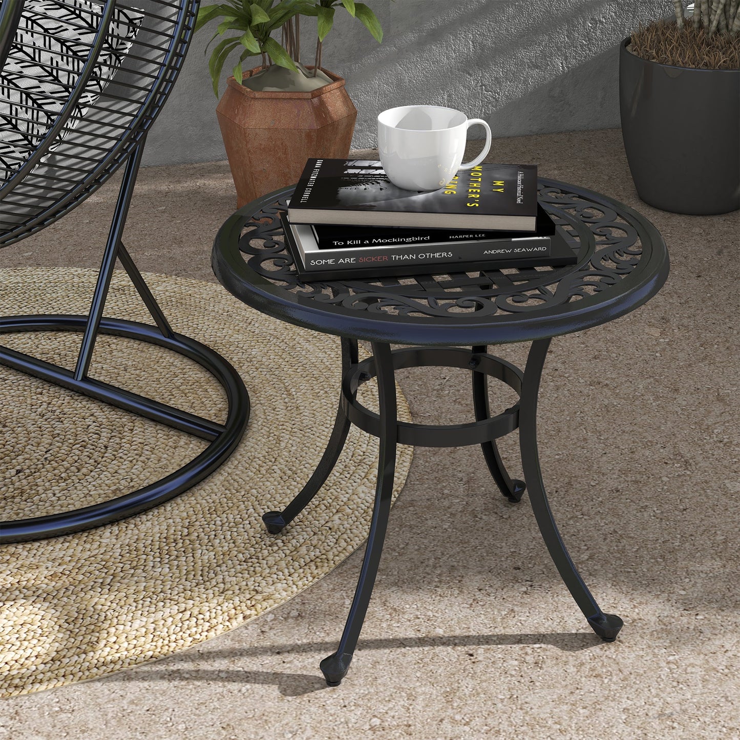 23.6" Patio Table, Outdoor Coffee Table, Round Hollow Top Design Side Table with Cast Aluminium Frame, Adjustable Feet for Garden, Balcony, Black