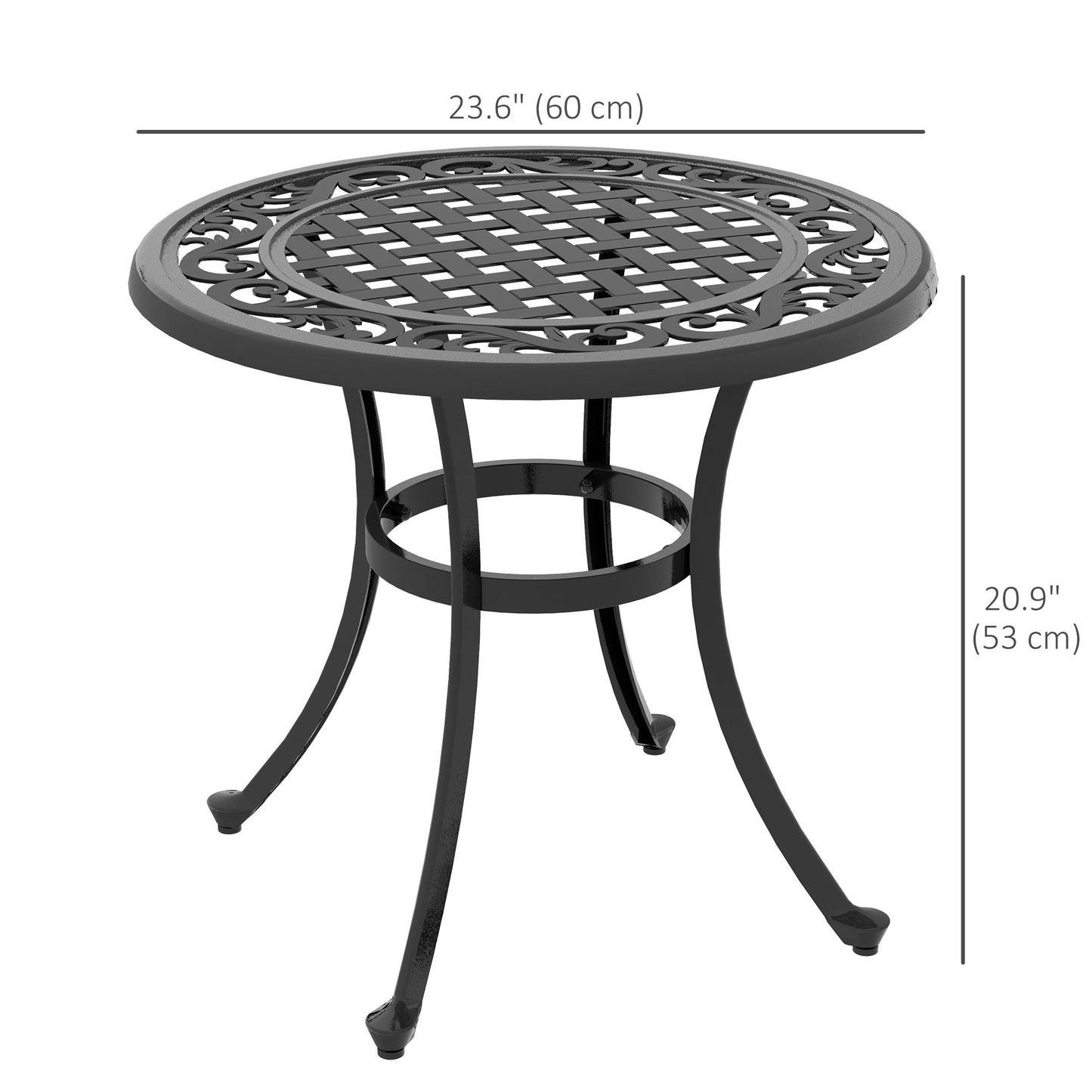 23.6" Patio Table, Outdoor Coffee Table, Round Hollow Top Design Side Table with Cast Aluminium Frame, Adjustable Feet for Garden, Balcony, Black