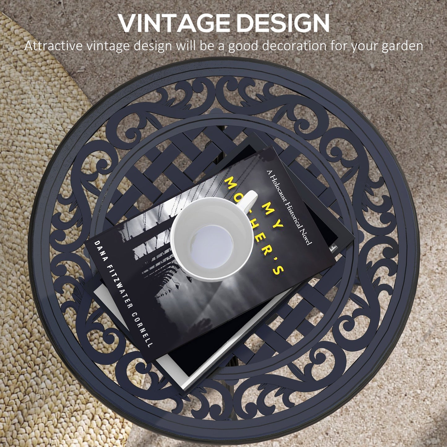 23.6" Patio Table, Outdoor Coffee Table, Round Hollow Top Design Side Table with Cast Aluminium Frame, Adjustable Feet for Garden, Balcony, Black
