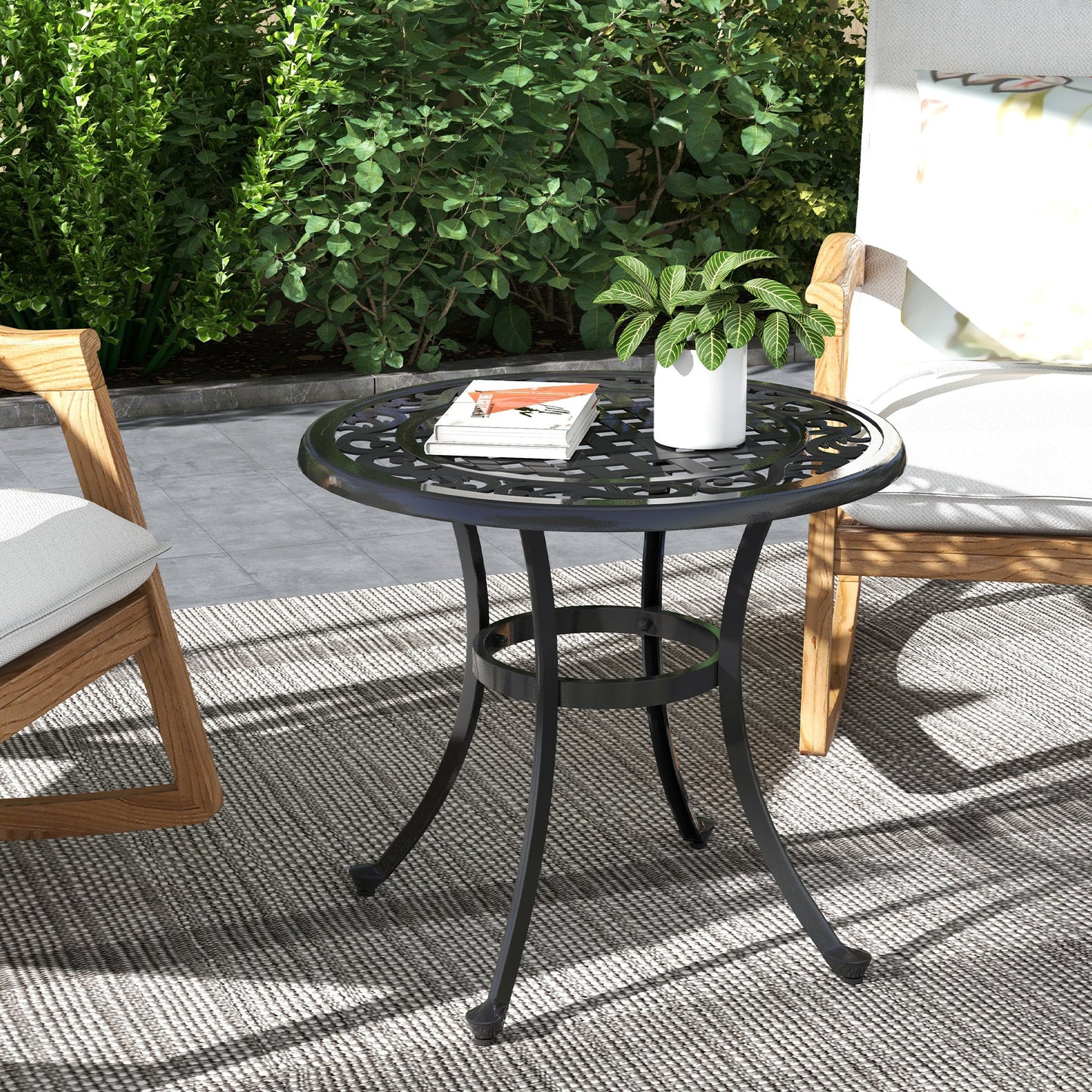 23.6" Patio Table, Outdoor Coffee Table, Round Hollow Top Design Side Table with Cast Aluminium Frame, Adjustable Feet for Garden, Balcony, Black