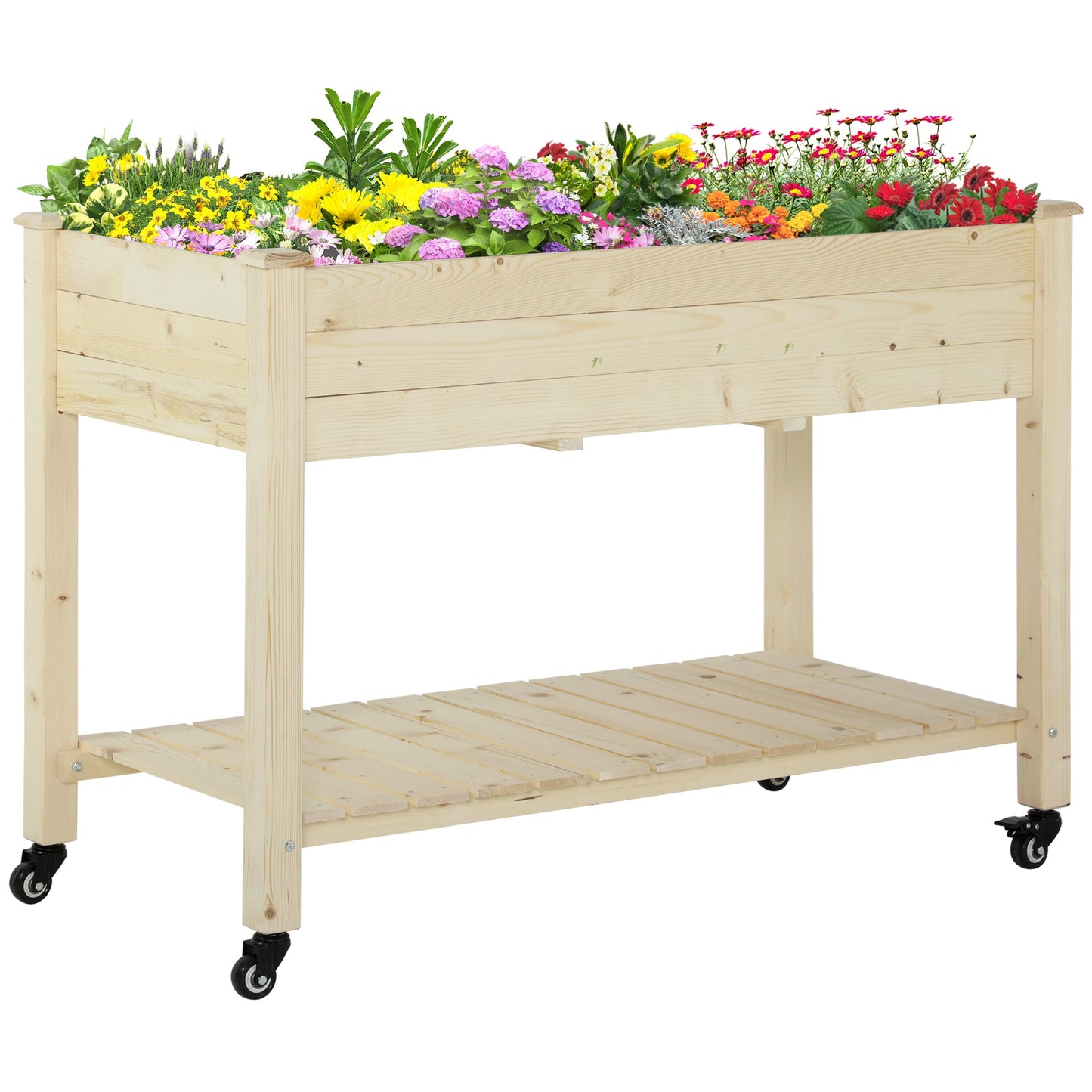 Raised Garden Bed Mobile Elevated Wood Planter Box w/ Lockable Wheels, Storage Shelf  for Herbs and Vegetables Backyard Patio Balcony Zebrano, Natural