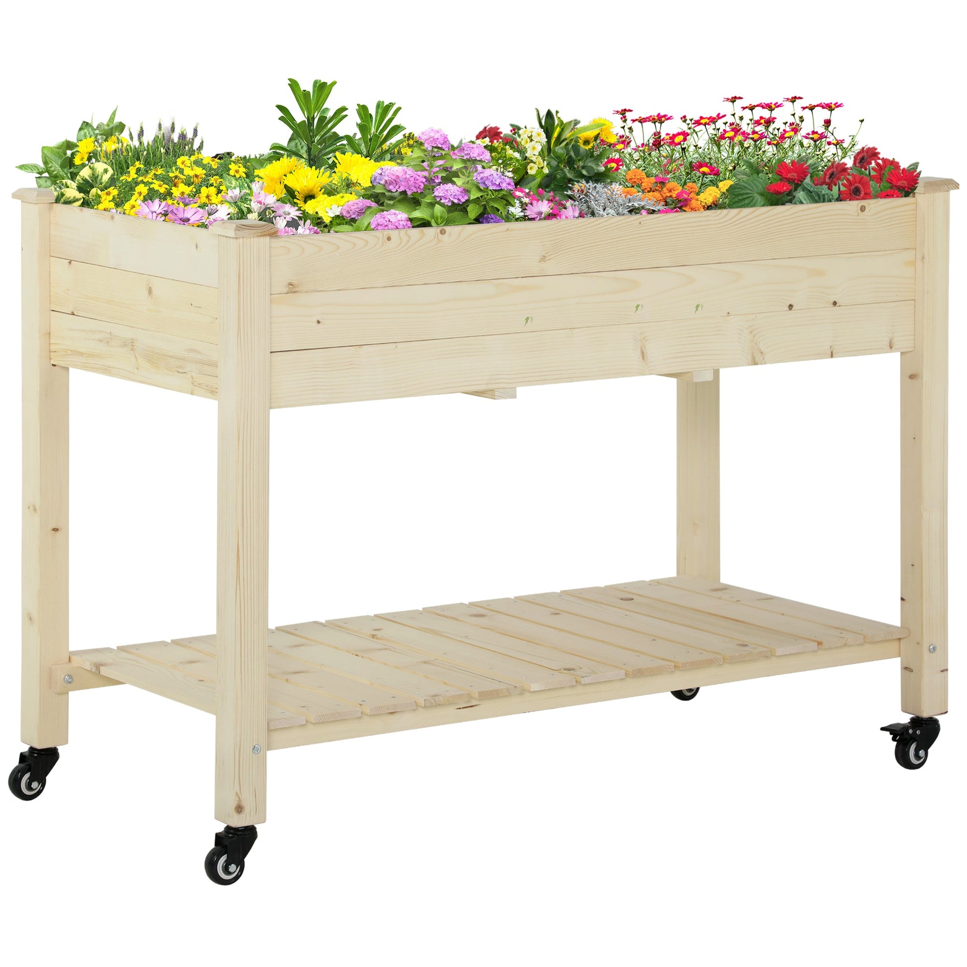 Raised Garden Bed Mobile Elevated Wood Planter Box w/ Lockable Wheels, Storage Shelf  for Herbs and Vegetables Backyard Patio Balcony Zebrano, Natural