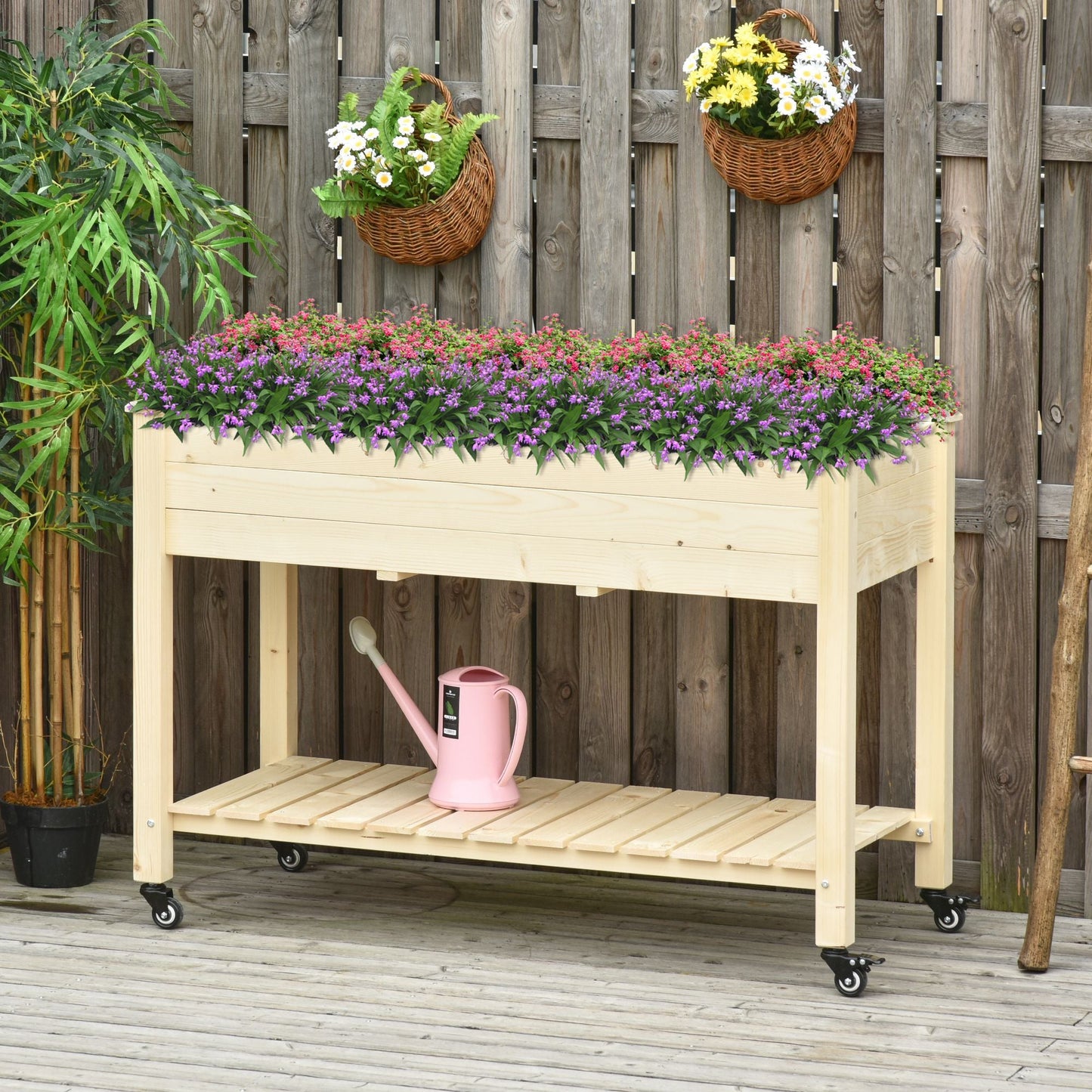 Raised Garden Bed Mobile Elevated Wood Planter Box w/ Lockable Wheels, Storage Shelf  for Herbs and Vegetables Backyard Patio Balcony Zebrano, Natural