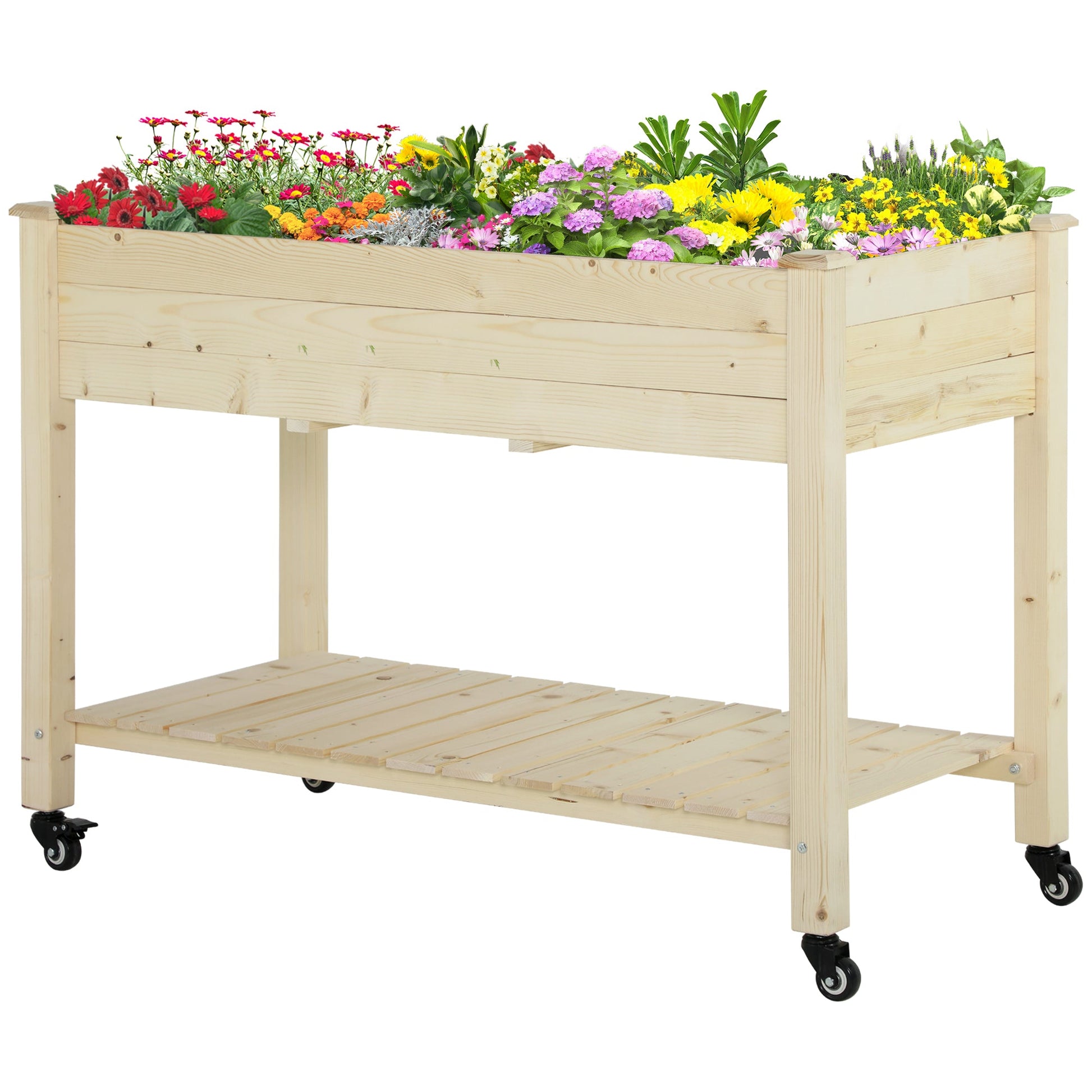 Raised Garden Bed Mobile Elevated Wood Planter Box w/ Lockable Wheels, Storage Shelf  for Herbs and Vegetables Backyard Patio Balcony Zebrano, Natural