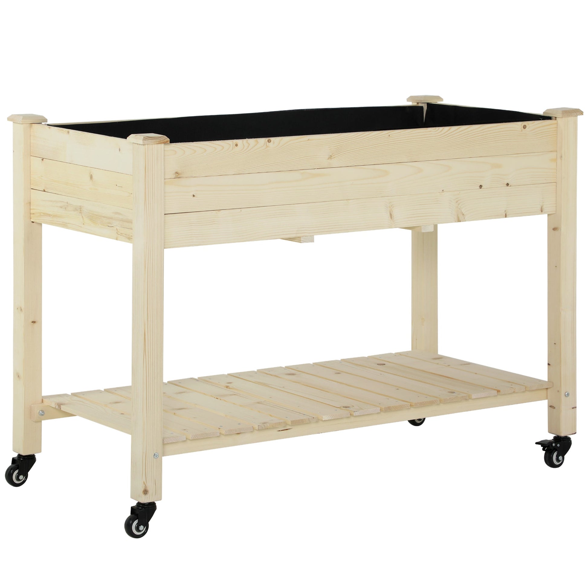 Raised Garden Bed Mobile Elevated Wood Planter Box w/ Lockable Wheels, Storage Shelf  for Herbs and Vegetables Backyard Patio Balcony Zebrano, Natural