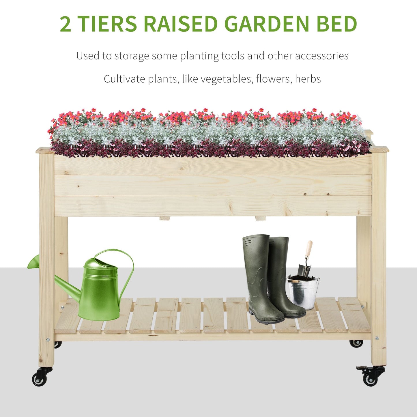 Raised Garden Bed Mobile Elevated Wood Planter Box w/ Lockable Wheels, Storage Shelf  for Herbs and Vegetables Backyard Patio Balcony Zebrano, Natural
