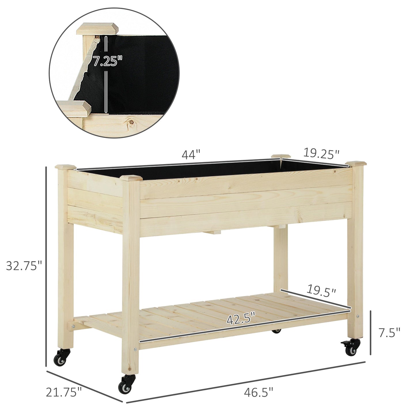 Raised Garden Bed Mobile Elevated Wood Planter Box w/ Lockable Wheels, Storage Shelf  for Herbs and Vegetables Backyard Patio Balcony Zebrano, Natural