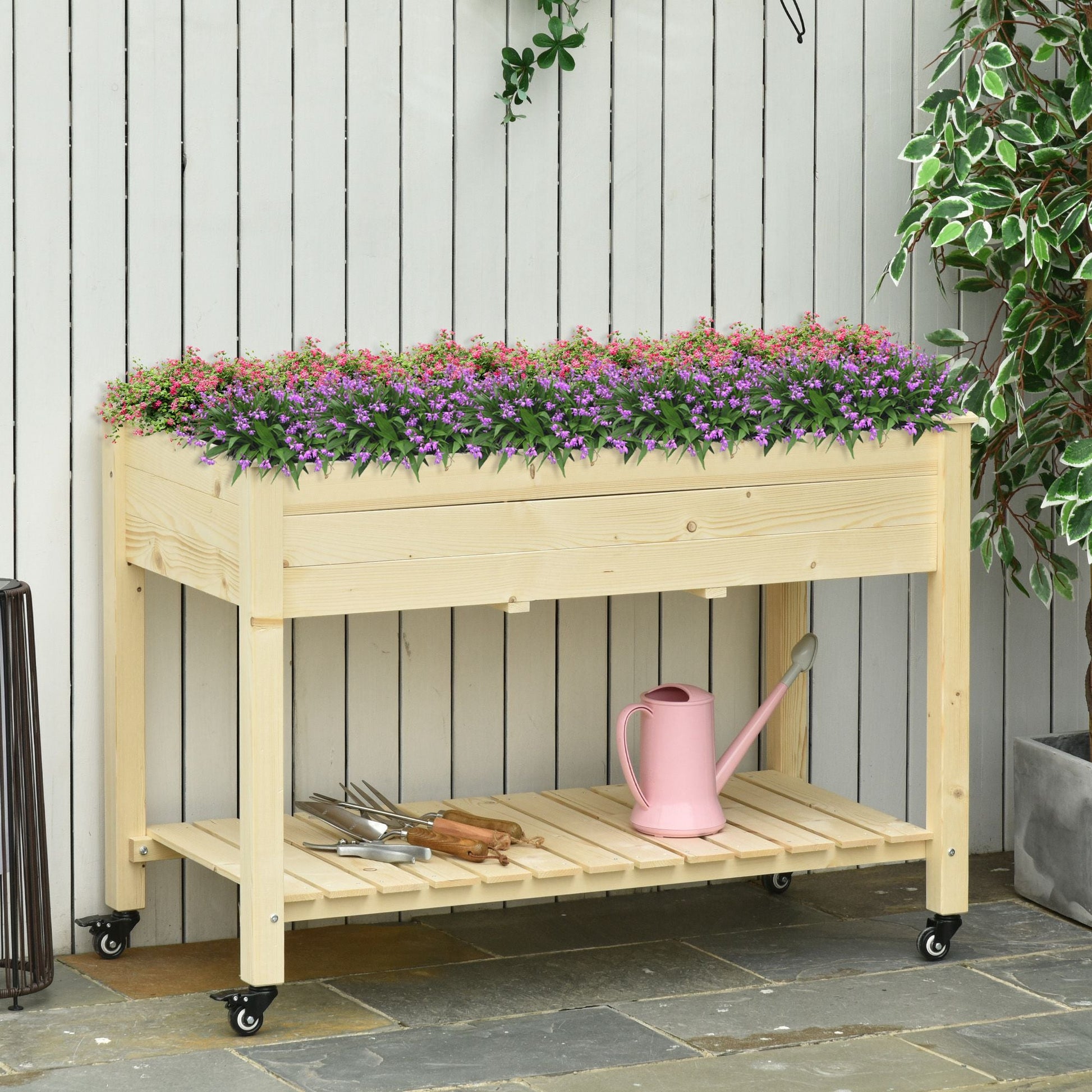 Raised Garden Bed Mobile Elevated Wood Planter Box w/ Lockable Wheels, Storage Shelf  for Herbs and Vegetables Backyard Patio Balcony Zebrano, Natural