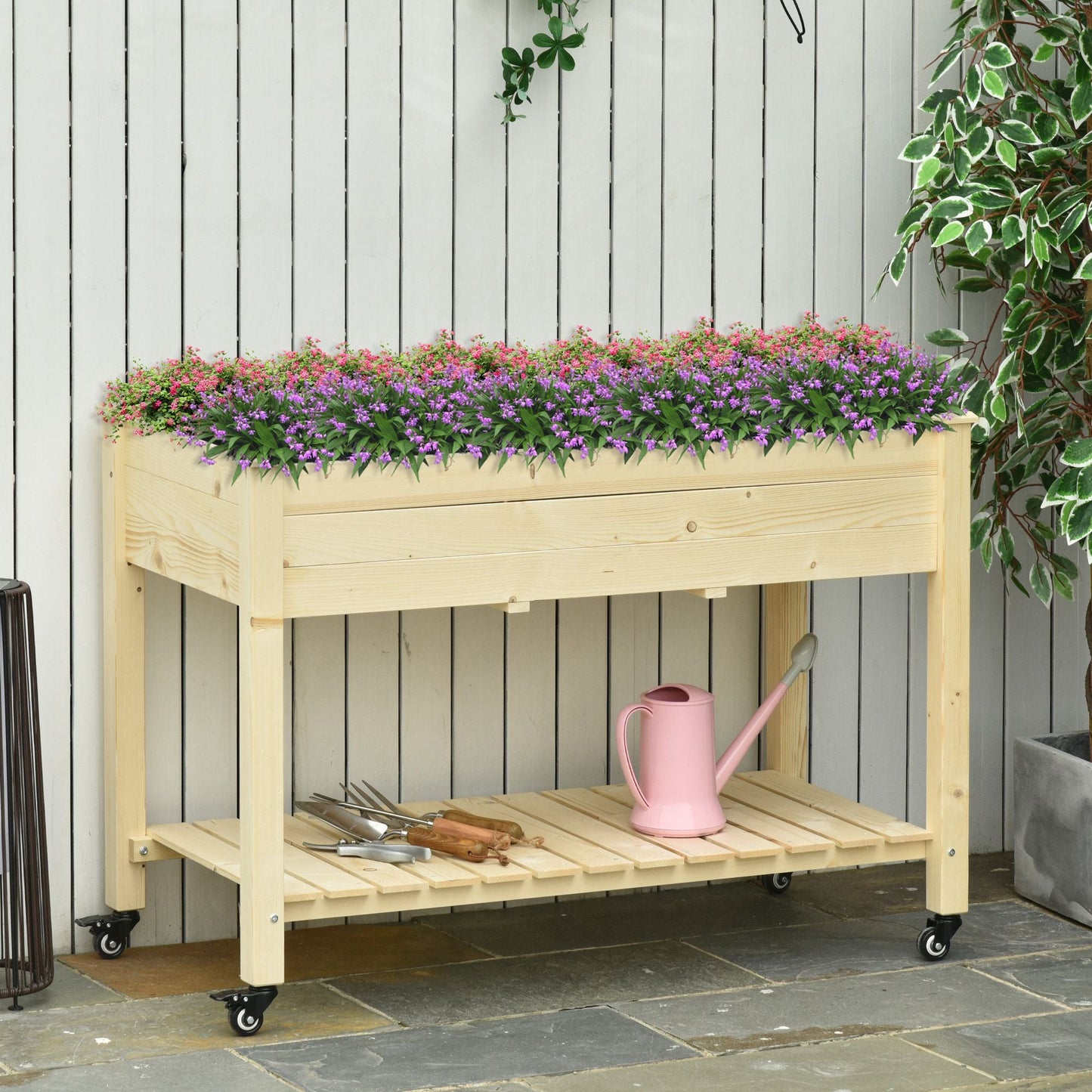 Raised Garden Bed Mobile Elevated Wood Planter Box w/ Lockable Wheels, Storage Shelf  for Herbs and Vegetables Backyard Patio Balcony Zebrano, Natural