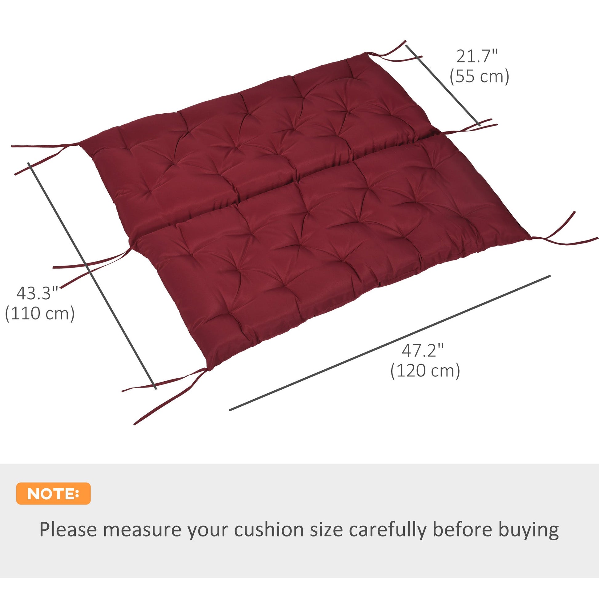 2 Seater Garden Bench Cushions, Thick Outdoor Non-Slip 2 Seater Soft Pad With Backrest for Garden Patio, 47" x 43" x 5", Wine Red