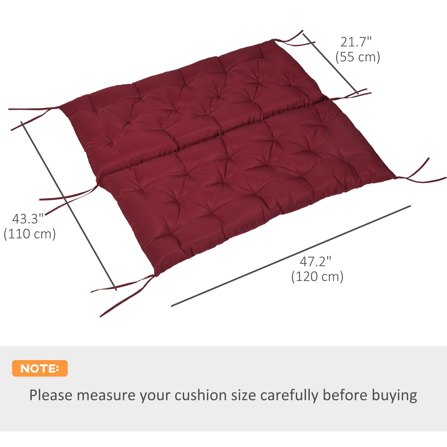 2 Seater Garden Bench Cushions, Thick Outdoor Non-Slip 2 Seater Soft Pad With Backrest for Garden Patio, 47" x 43" x 5", Wine Red