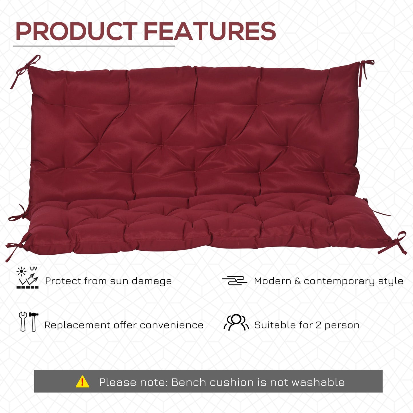 2 Seater Garden Bench Cushions, Thick Outdoor Non-Slip 2 Seater Soft Pad With Backrest for Garden Patio, 47" x 43" x 5", Wine Red