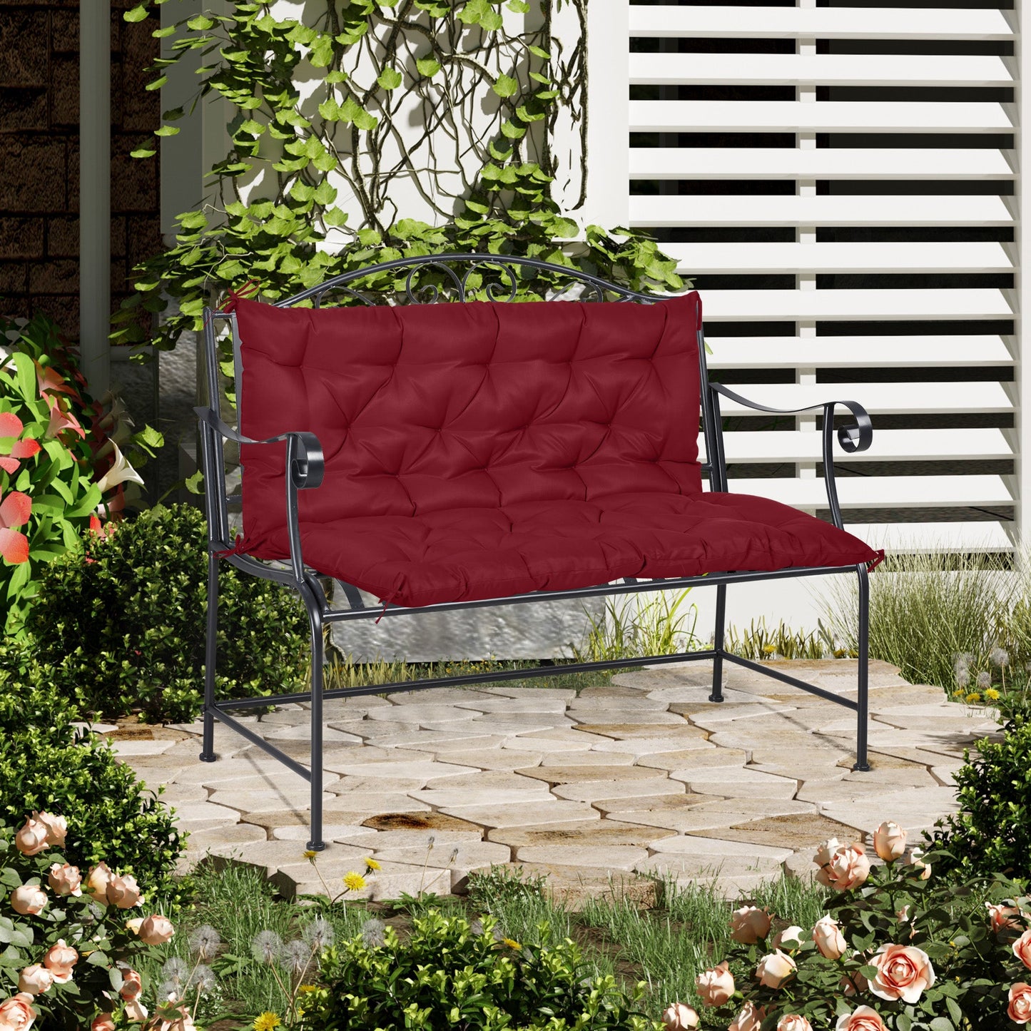 2 Seater Garden Bench Cushions, Thick Outdoor Non-Slip 2 Seater Soft Pad With Backrest for Garden Patio, 47" x 43" x 5", Wine Red