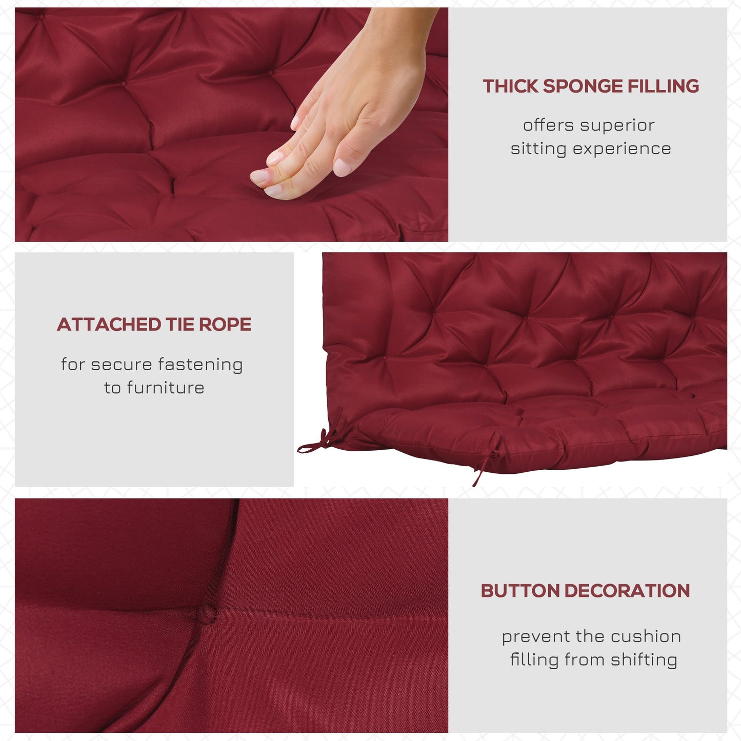 2 Seater Garden Bench Cushions, Thick Outdoor Non-Slip 2 Seater Soft Pad With Backrest for Garden Patio, 47" x 43" x 5", Wine Red