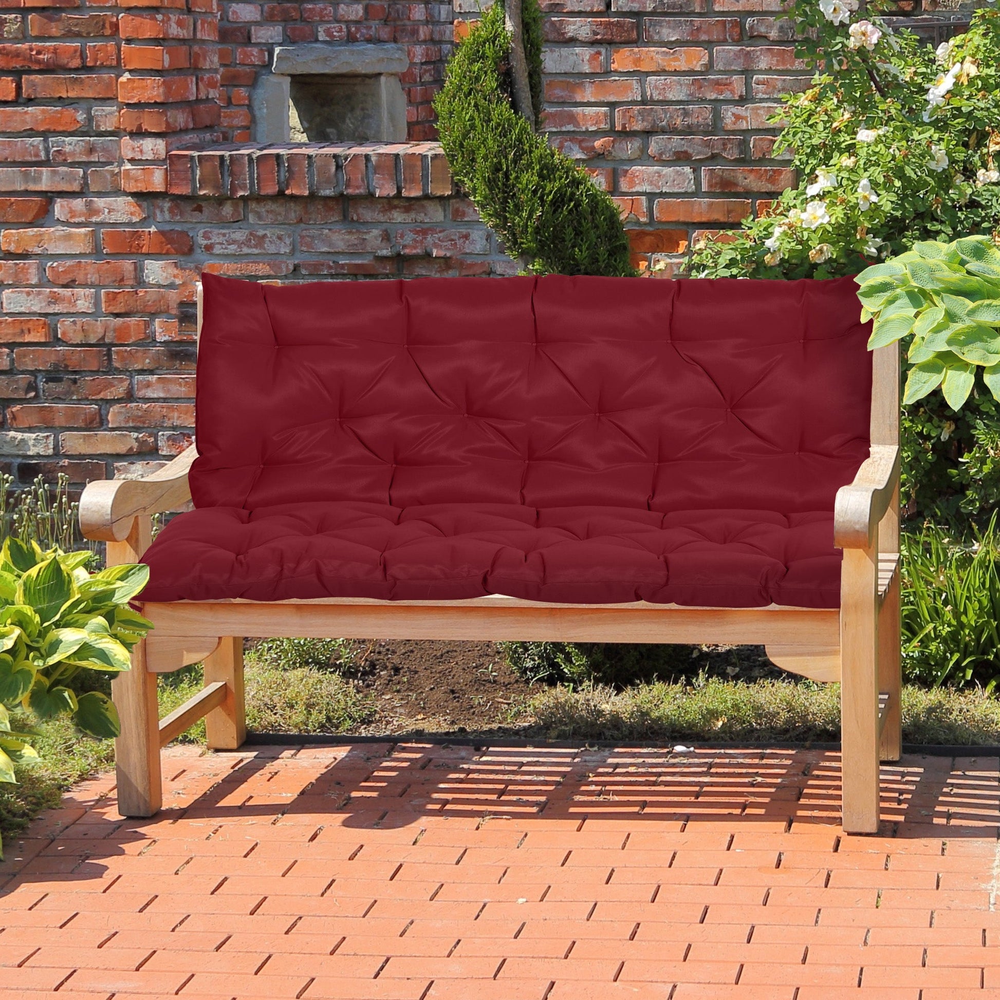 2 Seater Garden Bench Cushions, Thick Outdoor Non-Slip 2 Seater Soft Pad With Backrest for Garden Patio, 47" x 43" x 5", Wine Red