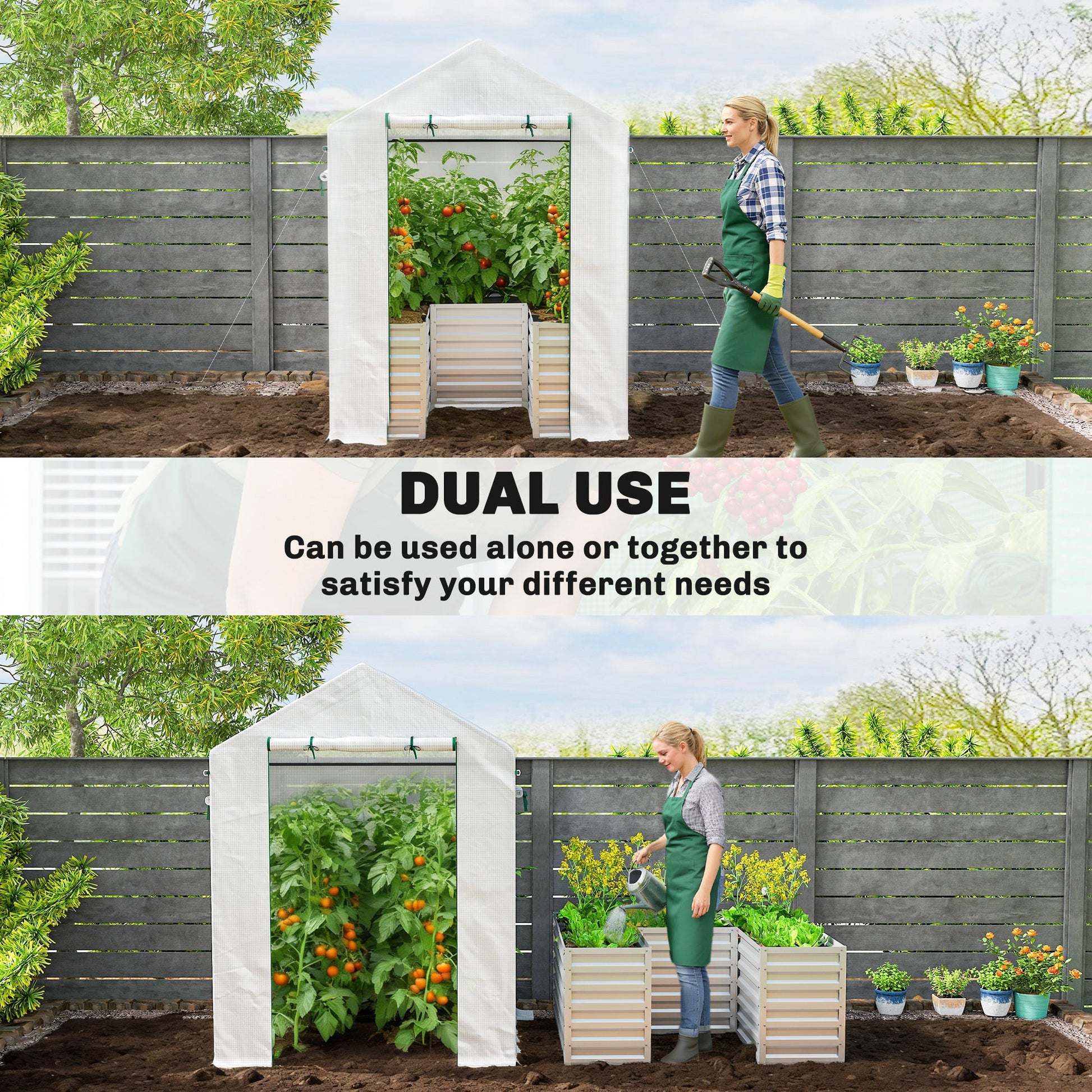 Greenhouse with Raised Garden Bed, 56" x 56" x 75" Galvanized Metal Planter Box with PE Cover, Roll Up Door and Windows, Outdoor Greenhouse for Flowers Vegetables, White