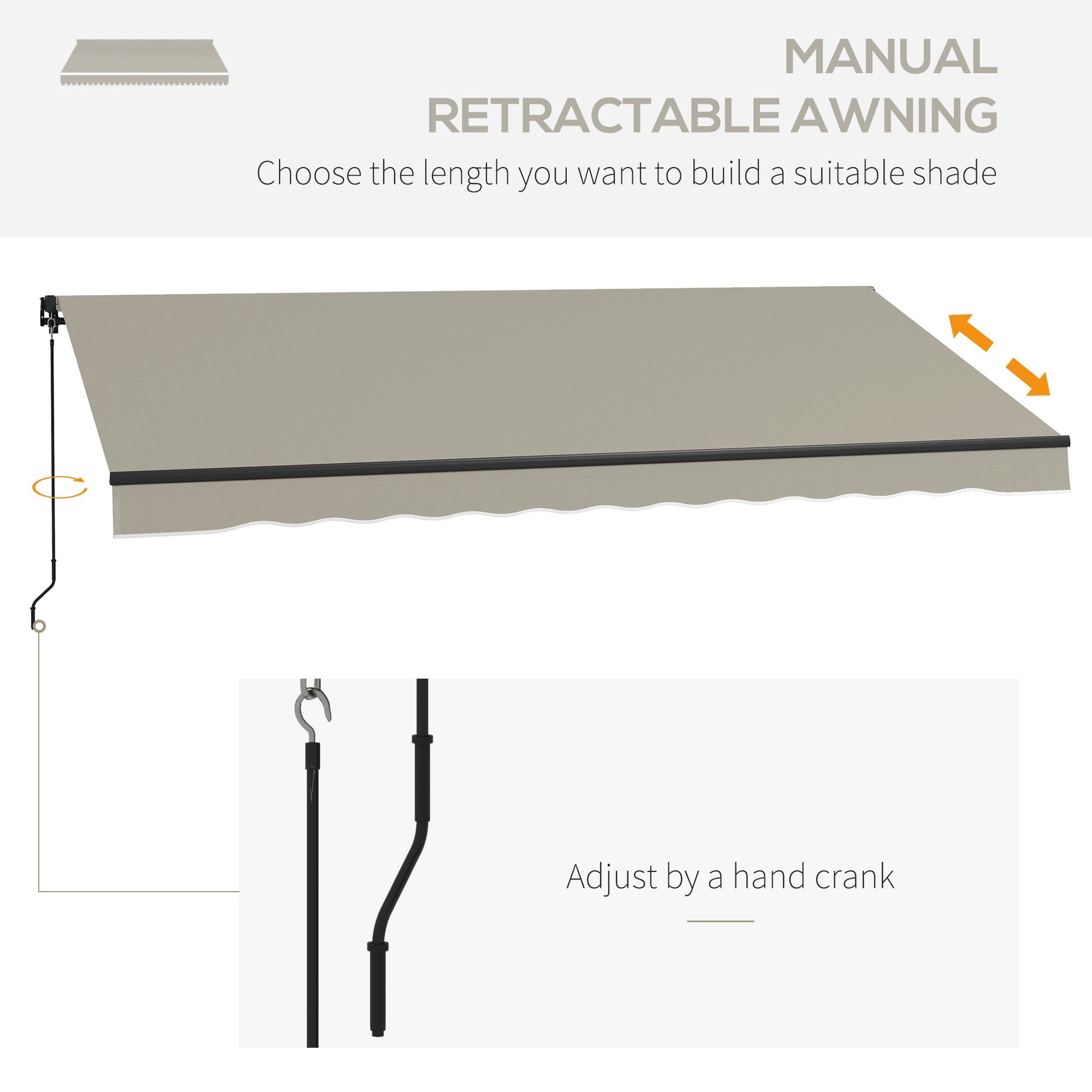  13' x 10' Retractable Awning, Patio Awning Sunshade Shelter with Manual Crank Handle, 280gsm UV Resistant Fabric and Aluminum Frame, for Balcony, Yard, Light Grey