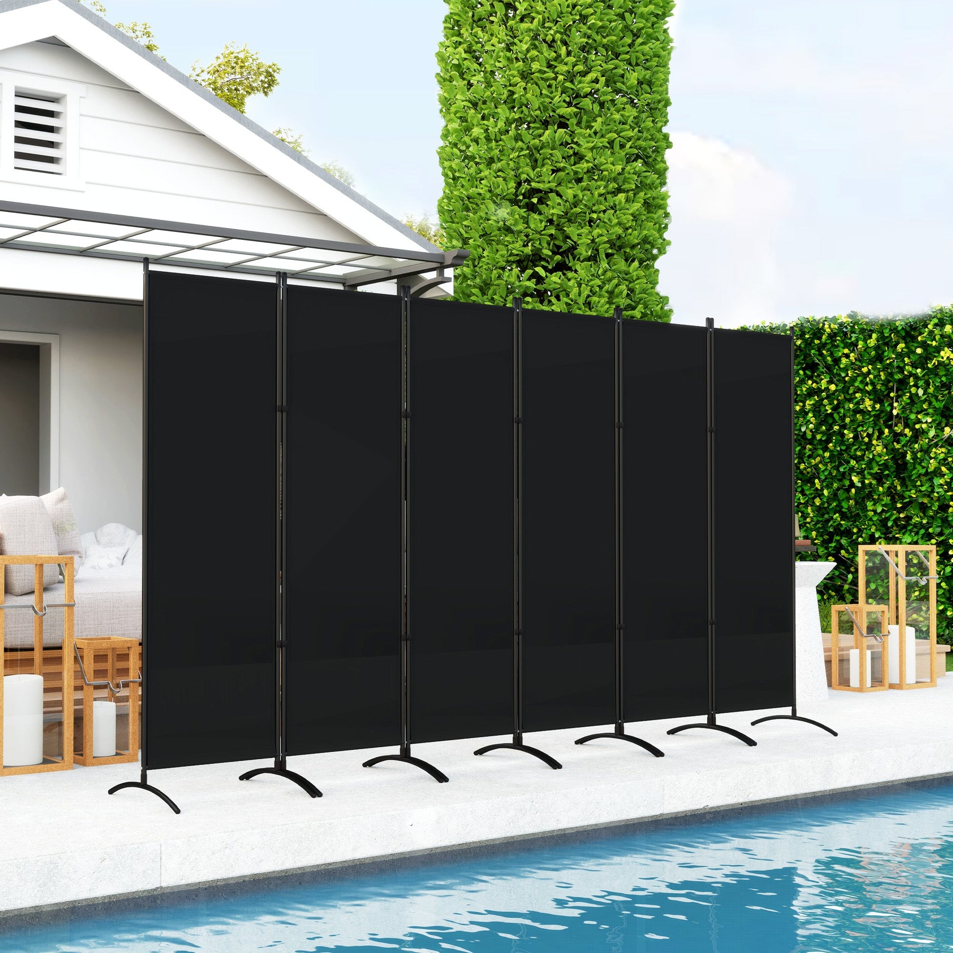 6 Panel Folding Outdoor Privacy Screen, 5.7FT Tall Room Divider with UV30+ Protection, Freestanding Privacy Panel Partition with Stable Base for Indoor Outdoor, Black