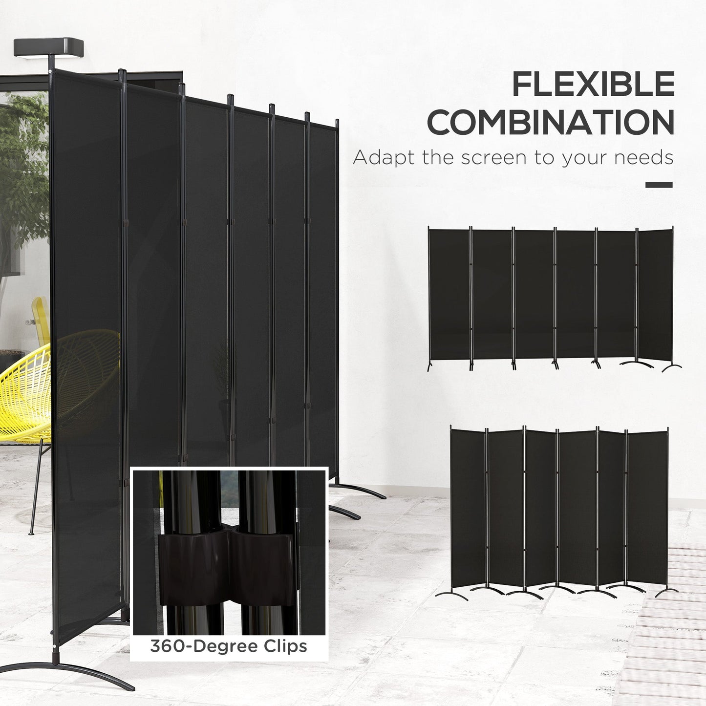 6 Panel Folding Outdoor Privacy Screen, 5.7FT Tall Room Divider with UV30+ Protection, Freestanding Privacy Panel Partition with Stable Base for Indoor Outdoor, Black