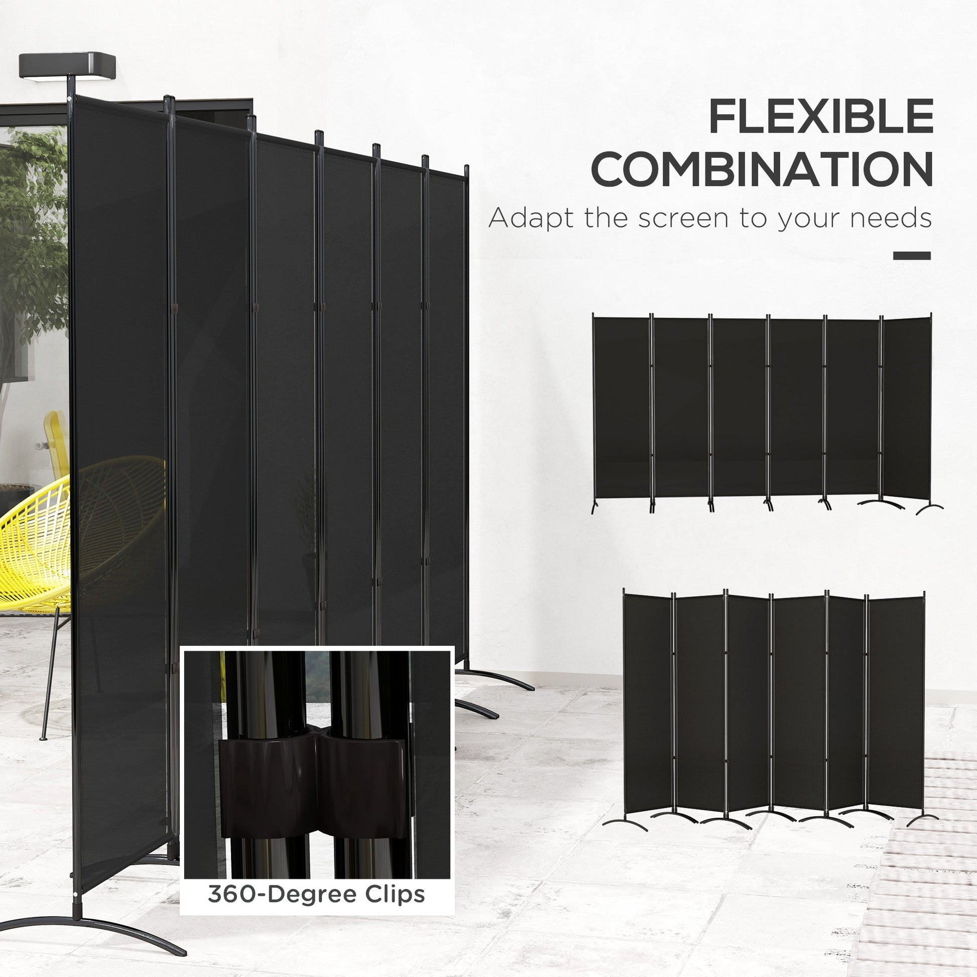 6 Panel Folding Outdoor Privacy Screen, 5.7FT Tall Room Divider with UV30+ Protection, Freestanding Privacy Panel Partition with Stable Base for Indoor Outdoor, Black