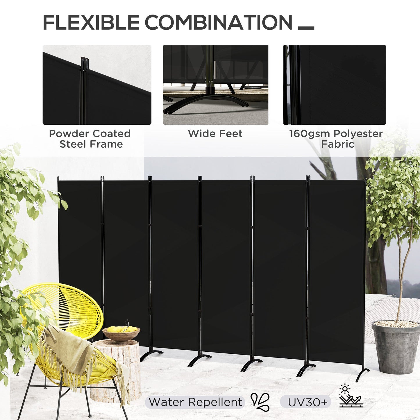 6 Panel Folding Outdoor Privacy Screen, 5.7FT Tall Room Divider with UV30+ Protection, Freestanding Privacy Panel Partition with Stable Base for Indoor Outdoor, Black