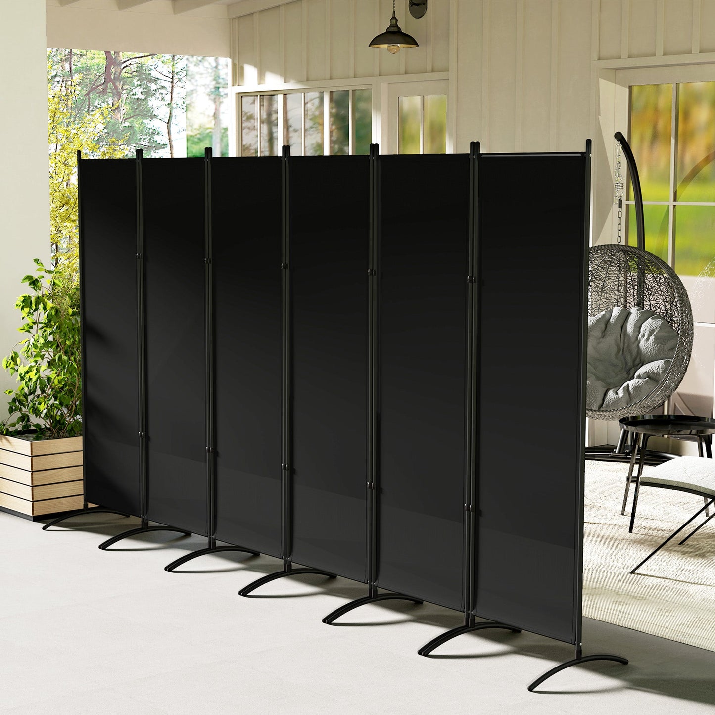 6 Panel Folding Outdoor Privacy Screen, 5.7FT Tall Room Divider with UV30+ Protection, Freestanding Privacy Panel Partition with Stable Base for Indoor Outdoor, Black