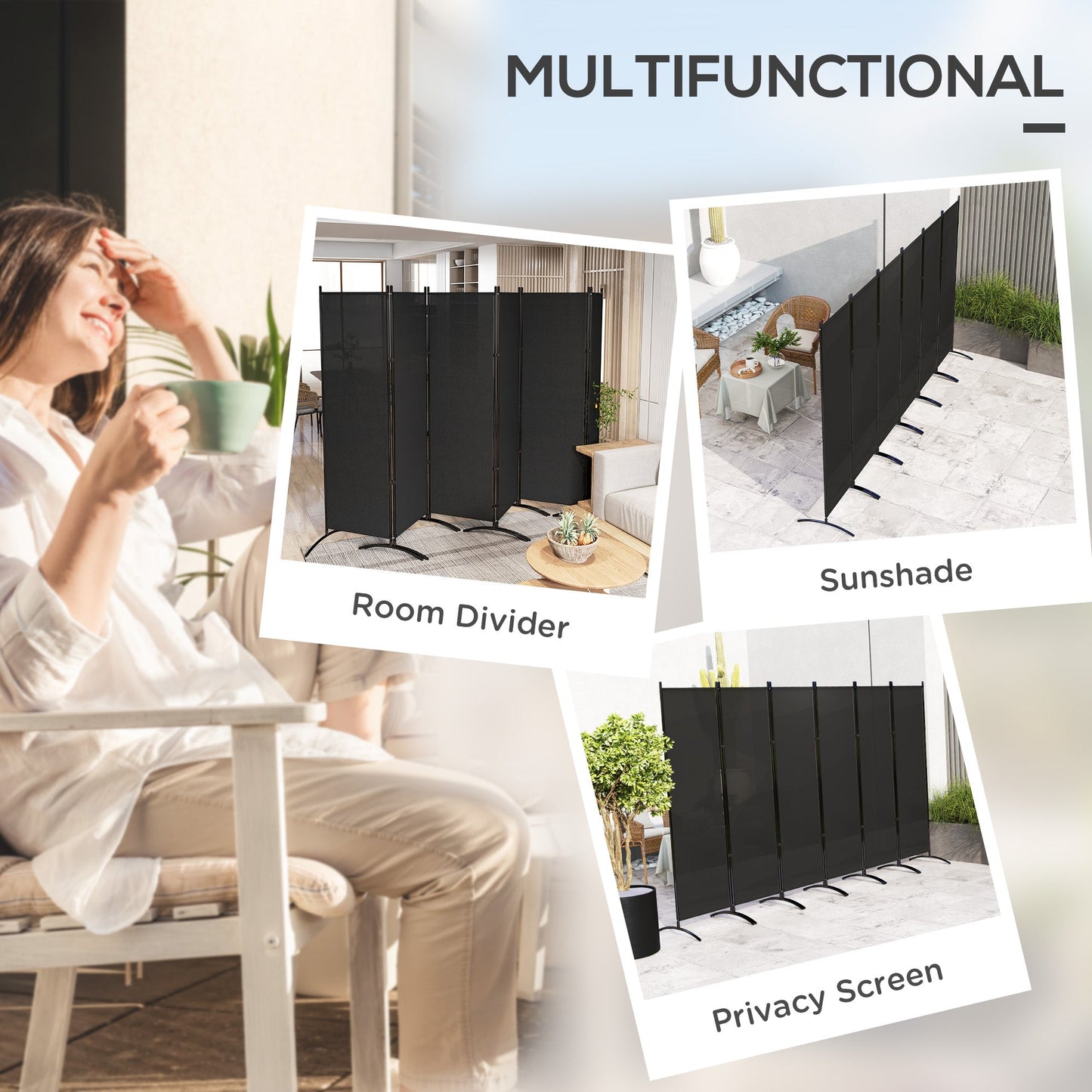 6 Panel Folding Outdoor Privacy Screen, 5.7FT Tall Room Divider with UV30+ Protection, Freestanding Privacy Panel Partition with Stable Base for Indoor Outdoor, Black