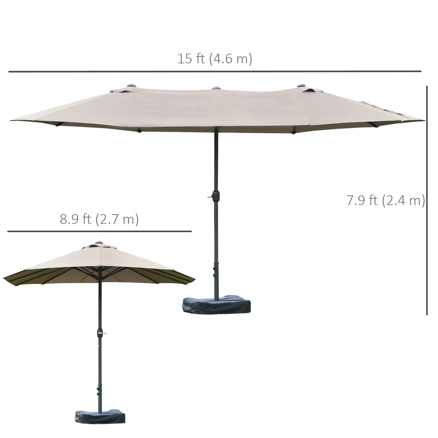 15' Outdoor Patio Umbrella with Twin Canopy Sunshade Steel Table Umbrella with Lift Crank, Cross base, Sandbag, Light Grey