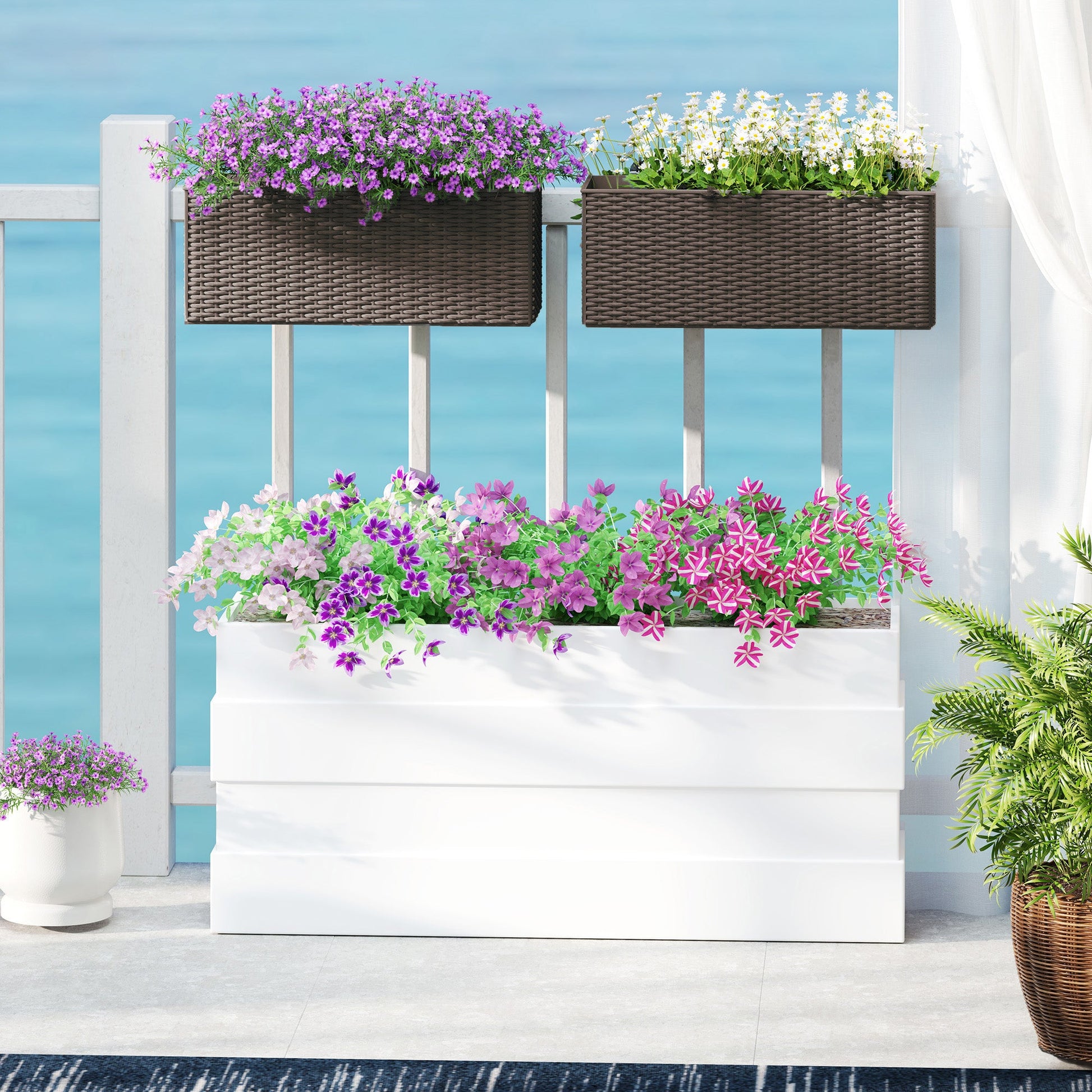 2 Pack Railing Planter Box, 20 Inch Hanging Flower Pots with Hooks and Drainage Hole, Rectangular Planters for Fence, Balcony, Garden, Patio, Rattan Look, Brown