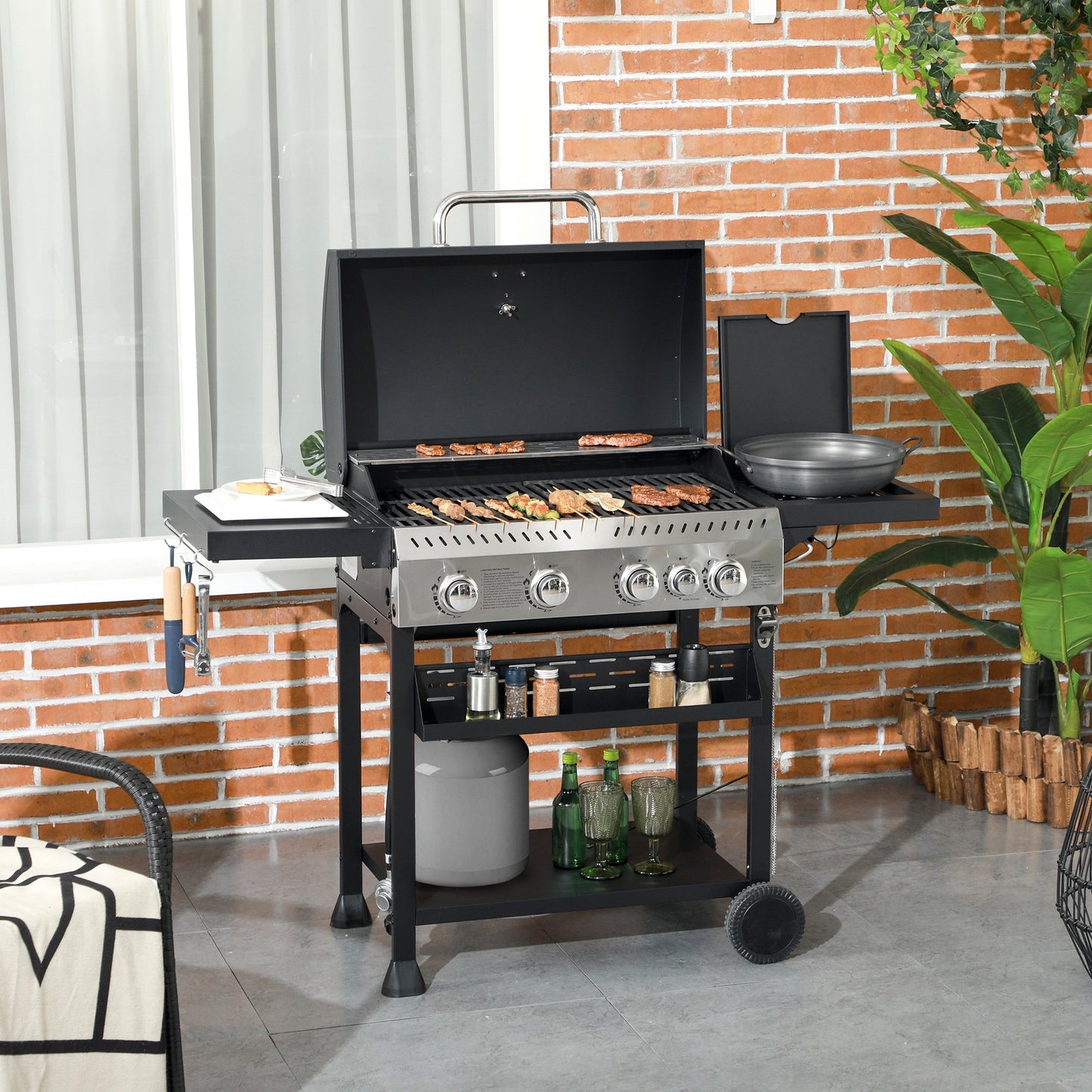 Propane Gas Grill with 4 Main Burners, 1 Side Burner, 40,000 BTU Outdoor BBQ Grill Cart with Wheels, Warming Rack, Shelves, Thermometer, Bottle Opener, Black