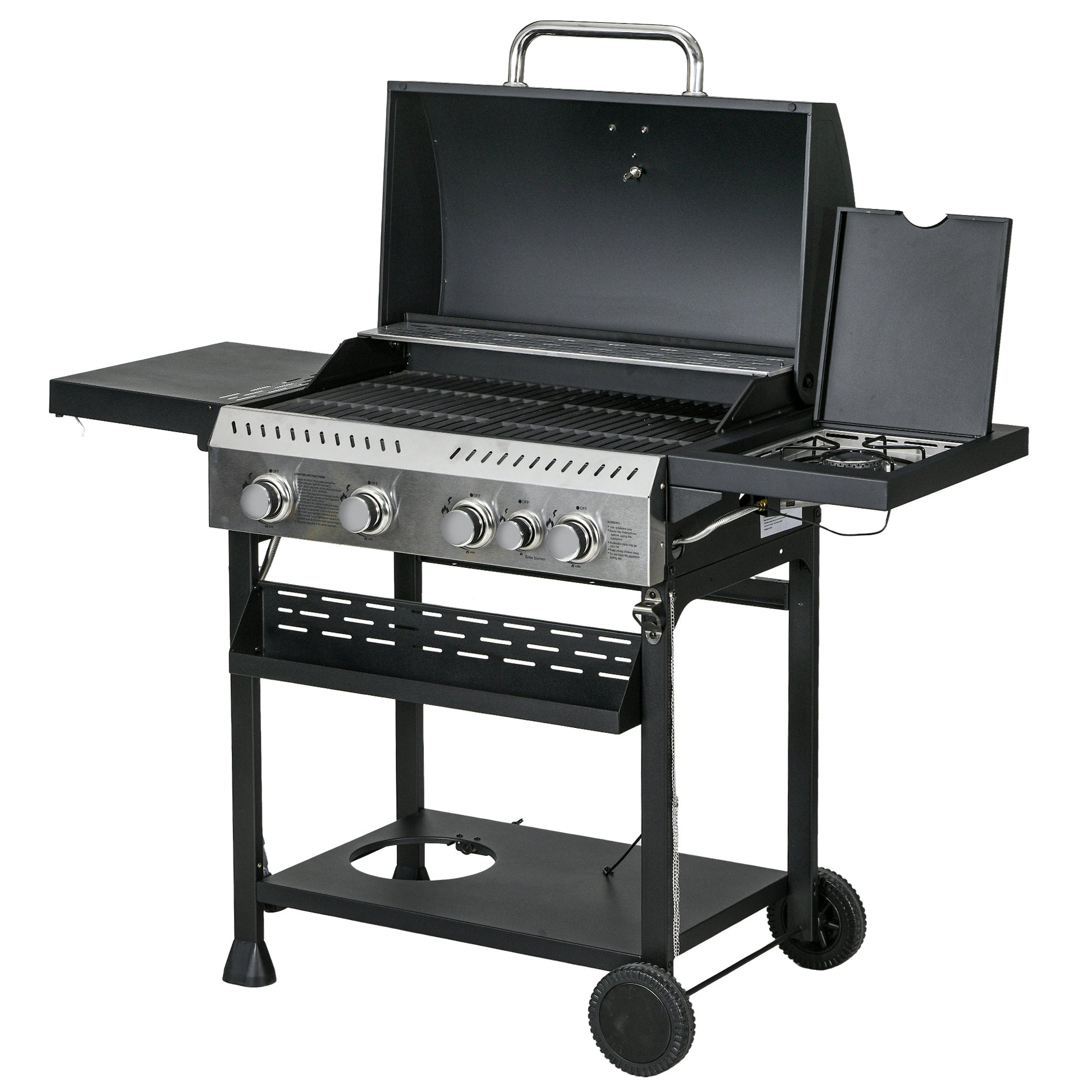 Propane Gas Grill with 4 Main Burners, 1 Side Burner, 40,000 BTU Outdoor BBQ Grill Cart with Wheels, Warming Rack, Shelves, Thermometer, Bottle Opener, Black