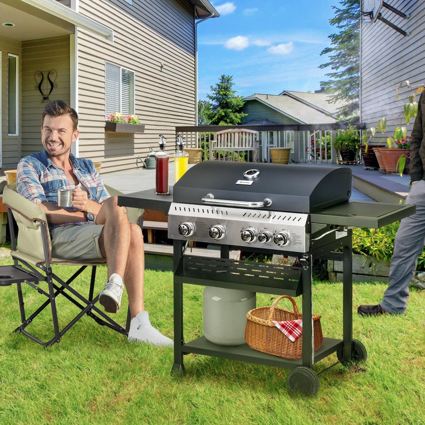Propane Gas Grill with 4 Main Burners, 1 Side Burner, 40,000 BTU Outdoor BBQ Grill Cart with Wheels, Warming Rack, Shelves, Thermometer, Bottle Opener, Black