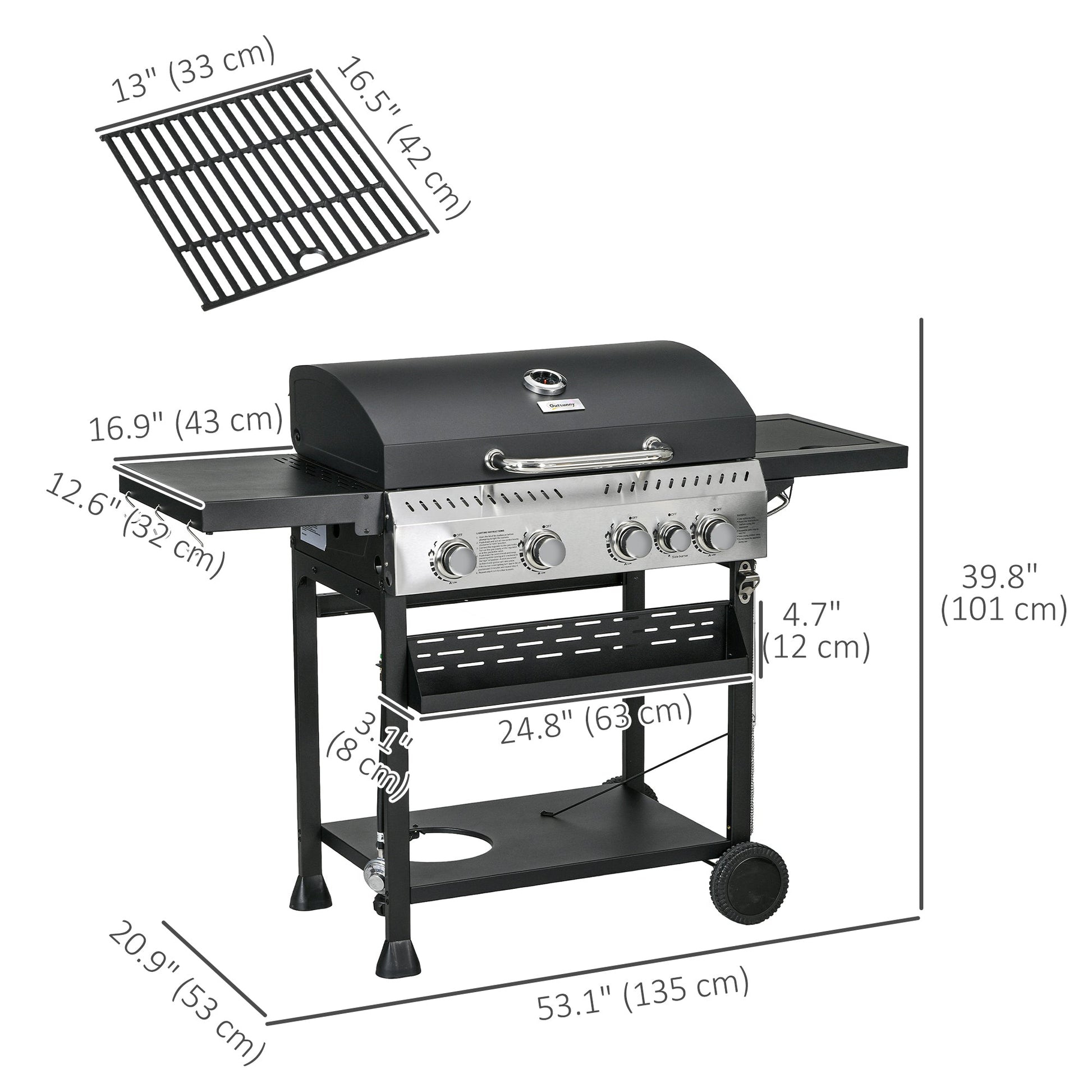 Propane Gas Grill with 4 Main Burners, 1 Side Burner, 40,000 BTU Outdoor BBQ Grill Cart with Wheels, Warming Rack, Shelves, Thermometer, Bottle Opener, Black