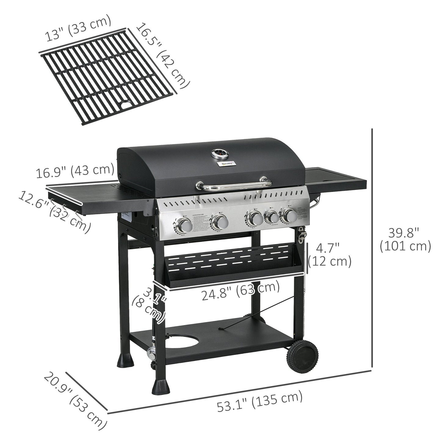 Propane Gas Grill with 4 Main Burners, 1 Side Burner, 40,000 BTU Outdoor BBQ Grill Cart with Wheels, Warming Rack, Shelves, Thermometer, Bottle Opener, Black