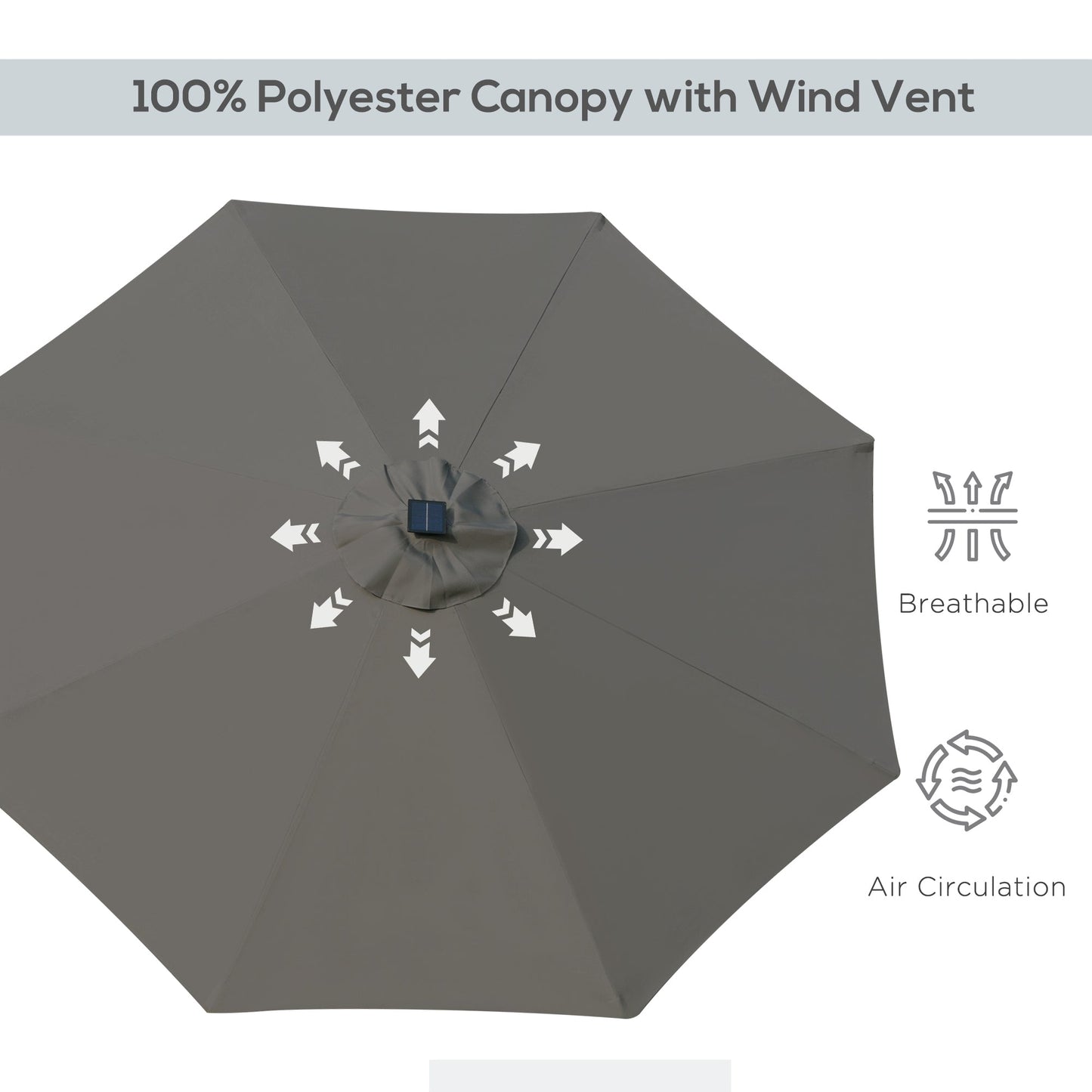 9ft Solar Patio Umbrella Outdoor Sunshade 24 LED Lights Tilt Canopy, Charcoal Grey